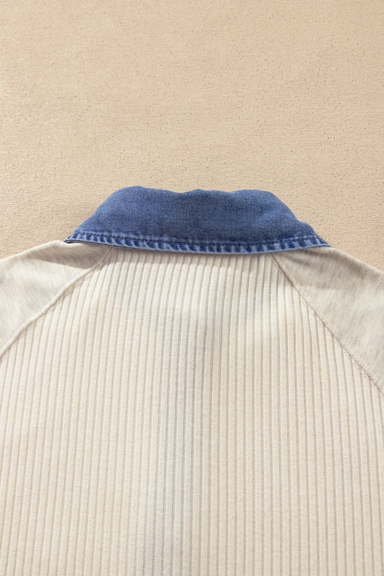 Ribbed Denim Trim Top, Casual Fall Pullover for Women - Detail View 13