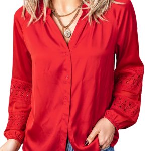 Women's Red Lace Sleeve Shirt, Elegant Satin V Neck Top - Main View