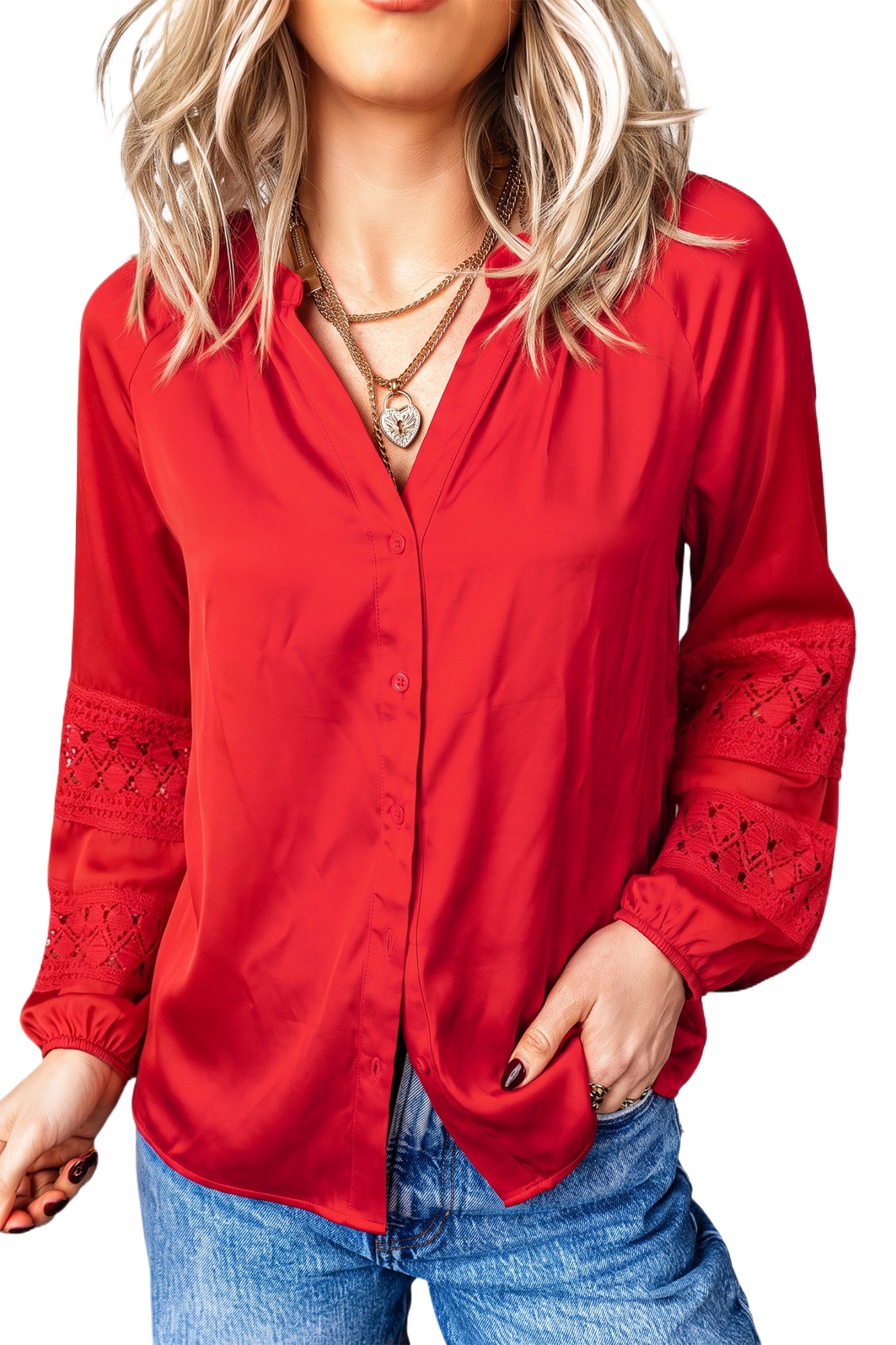 Women's Red Lace Sleeve Shirt, Elegant Satin V Neck Top - Main View