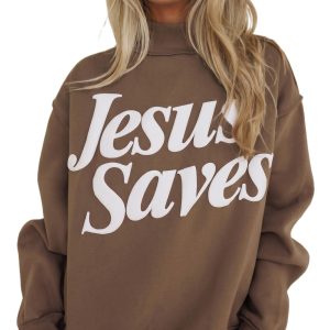 Women's Jesus Saves Sweatshirt, Casual Dark Brown Mock Neck - Main View