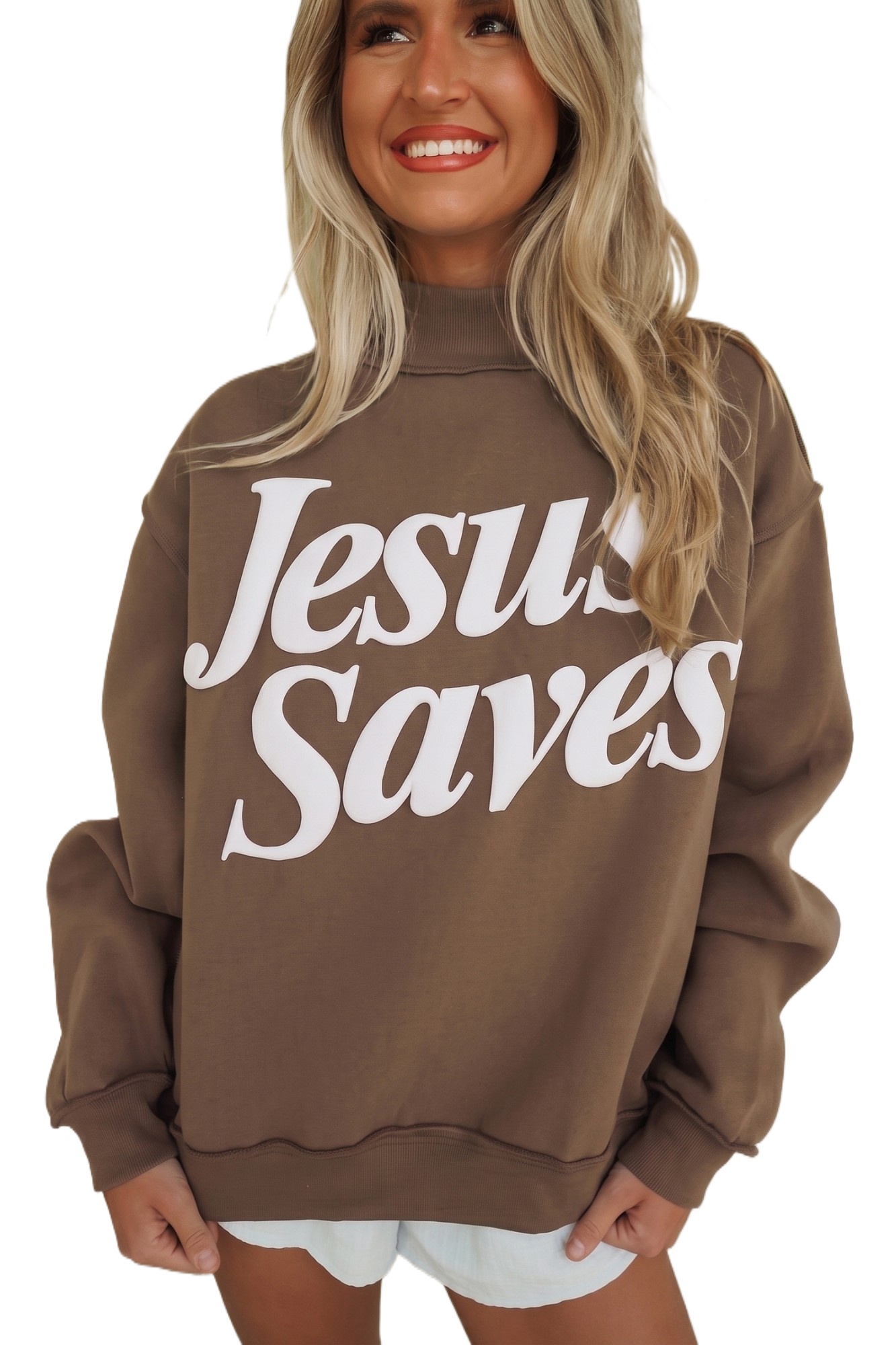Women's Jesus Saves Sweatshirt, Casual Dark Brown Mock Neck - Main View