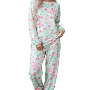 Women's Casual Lounge Set, Mint Christmas Print Pajamas - Main View