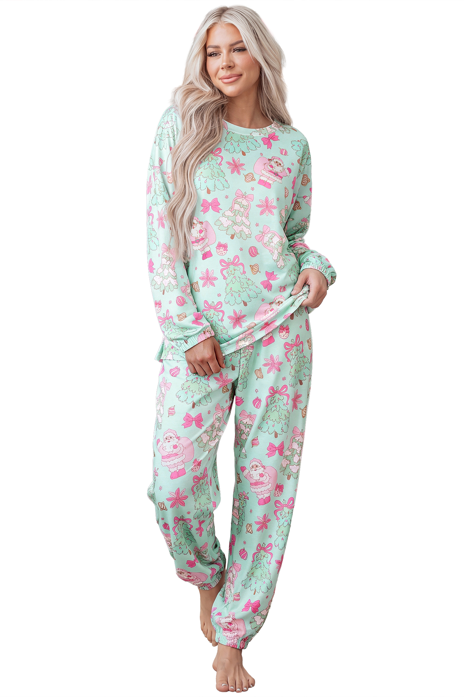 Women's Casual Lounge Set, Mint Christmas Print Pajamas - Main View