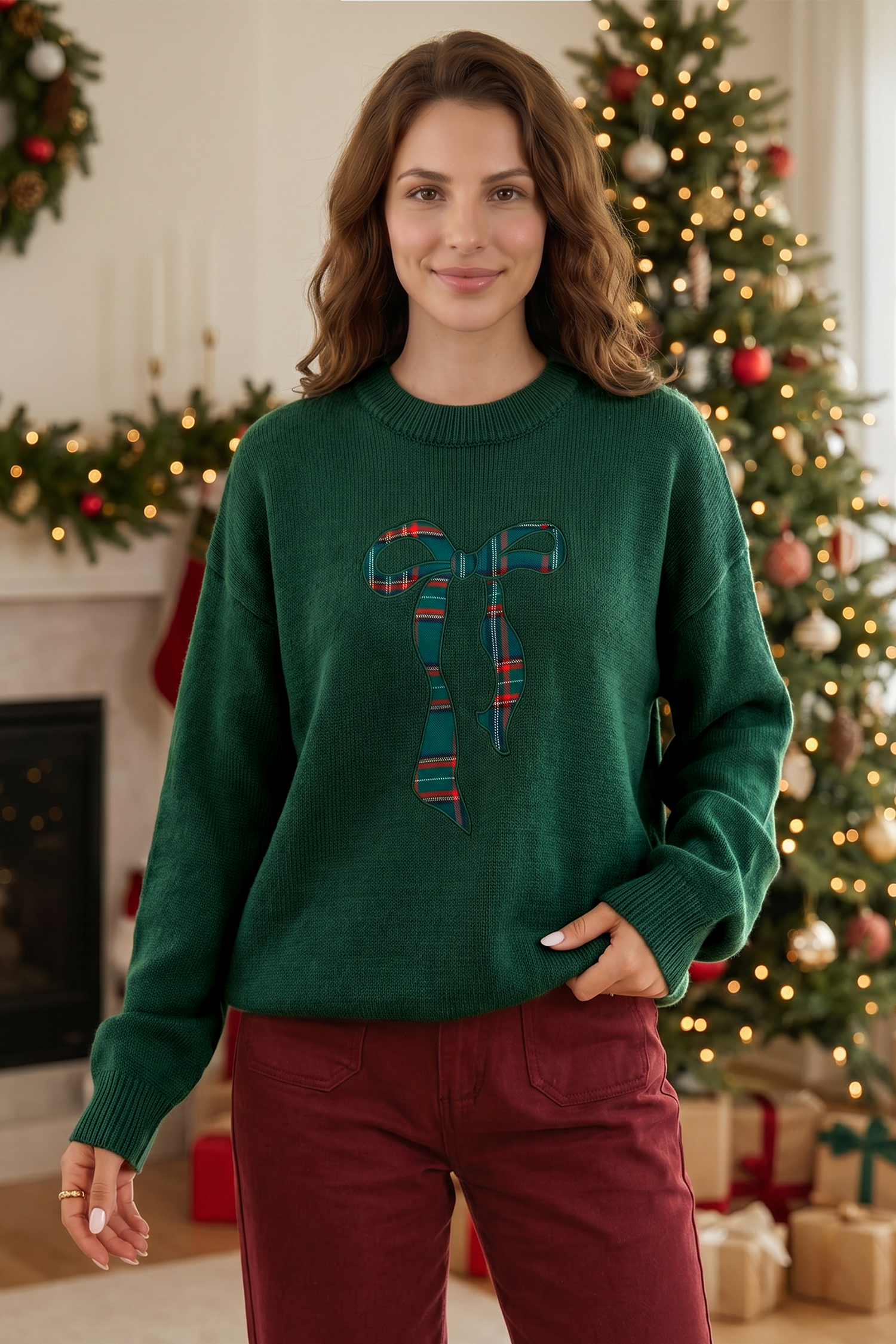 Long Sleeve Round Neck Sweater, Women's Plaid Bow Pullover - Detail View 6