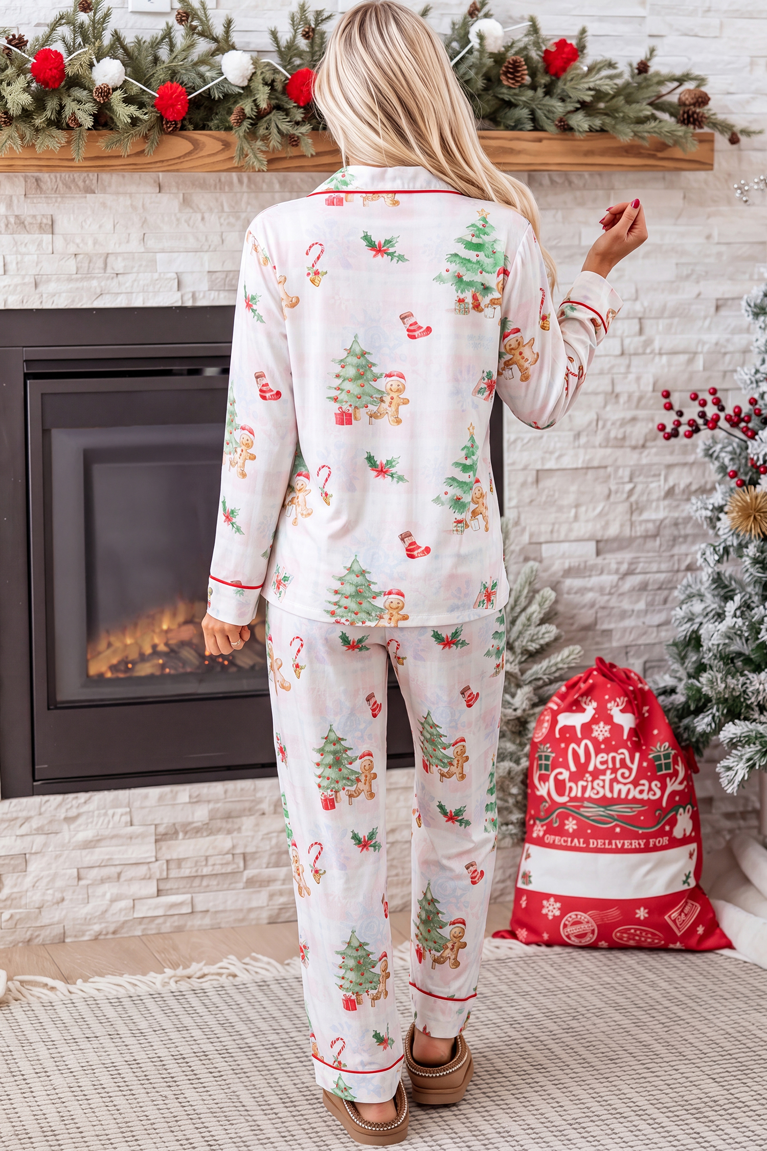 Women's Gingerbread Pajamas, Pink Plaid Christmas Lounge Set - Detail View 2
