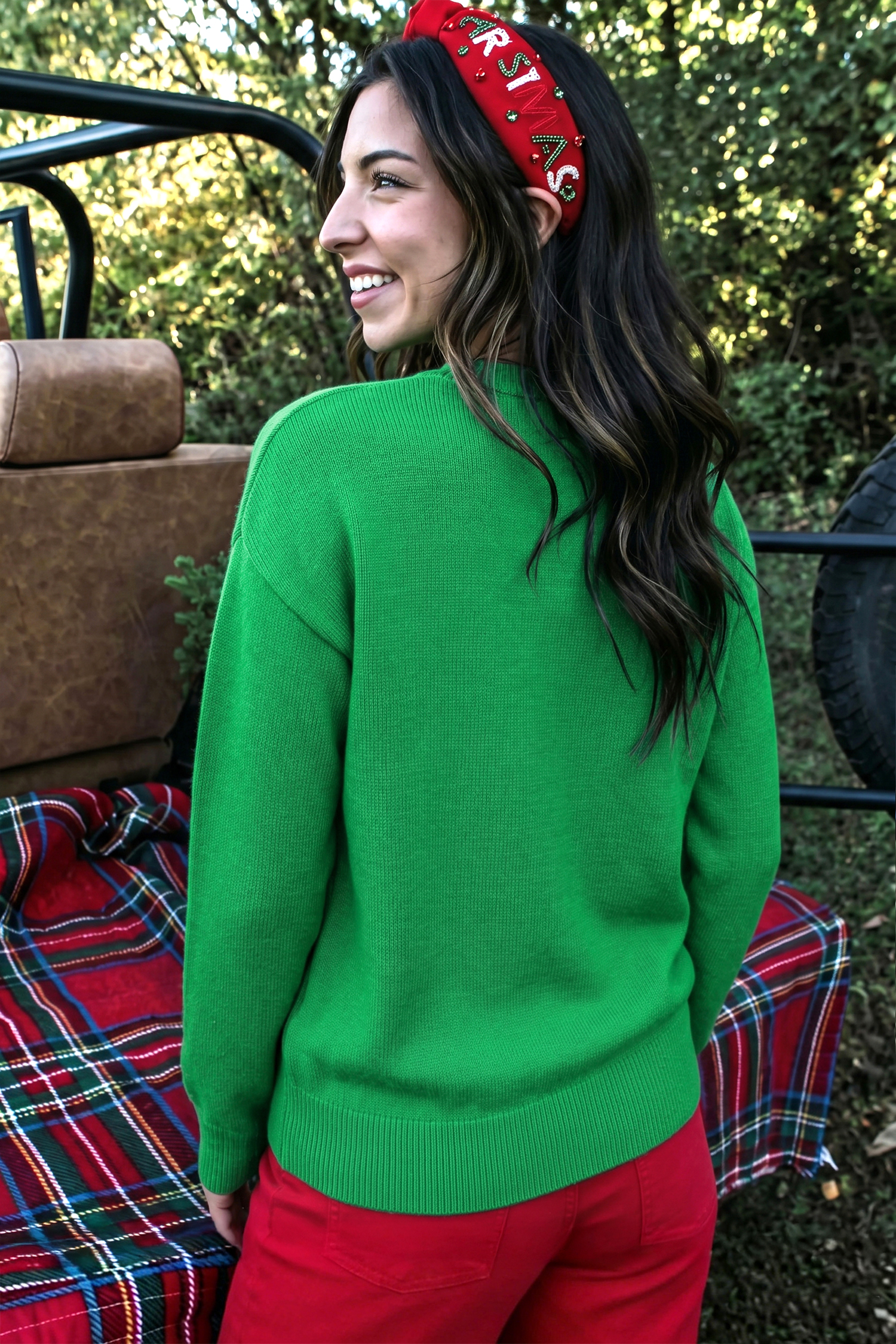 Green Patch Christmas Sweater, Women Casual Applique Knit - Detail View 2