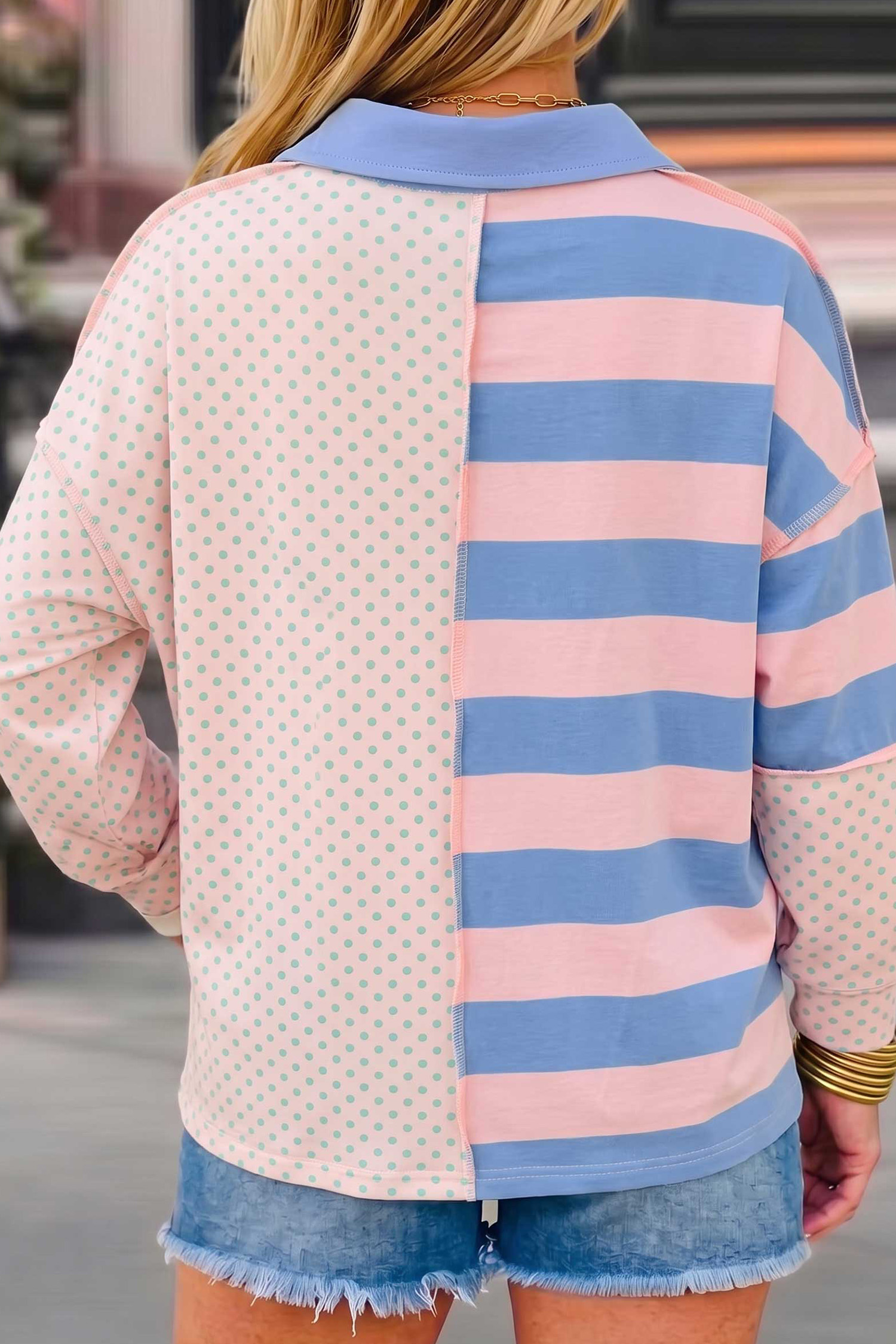 Cotton Blend Women's Long Sleeve Top, Pink Patchwork Polo - Detail View 3