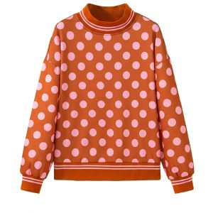 Women's Brown Polka Dot Sweatshirt, Casual Mock Neck Top - Main View