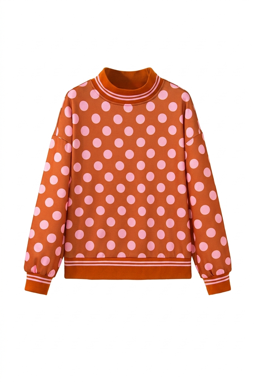 Women's Brown Polka Dot Sweatshirt, Casual Mock Neck Top - Main View