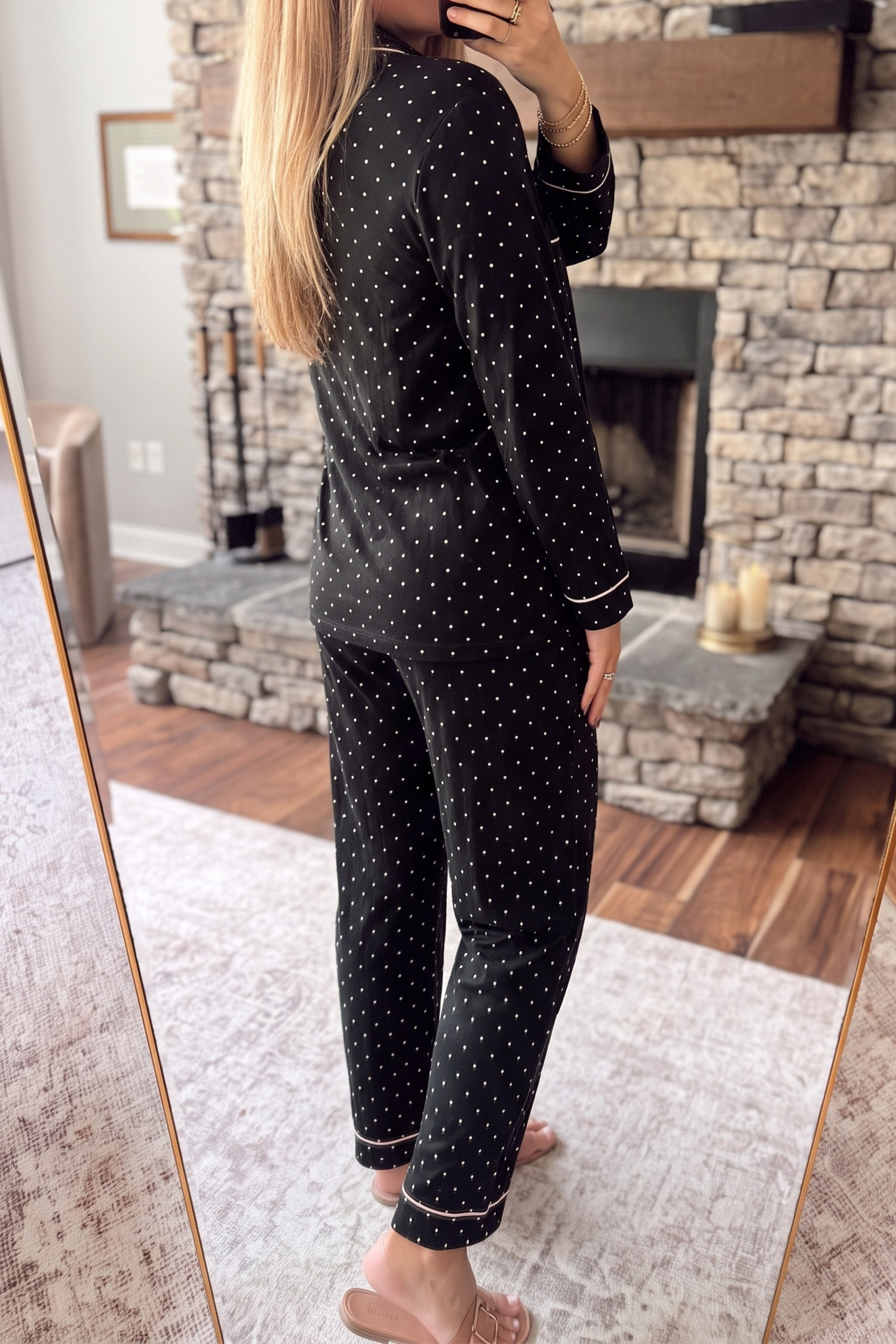 Polka Dot Two Piece Lounge Set, Women's Lace Trim PJ Set - Detail View 2
