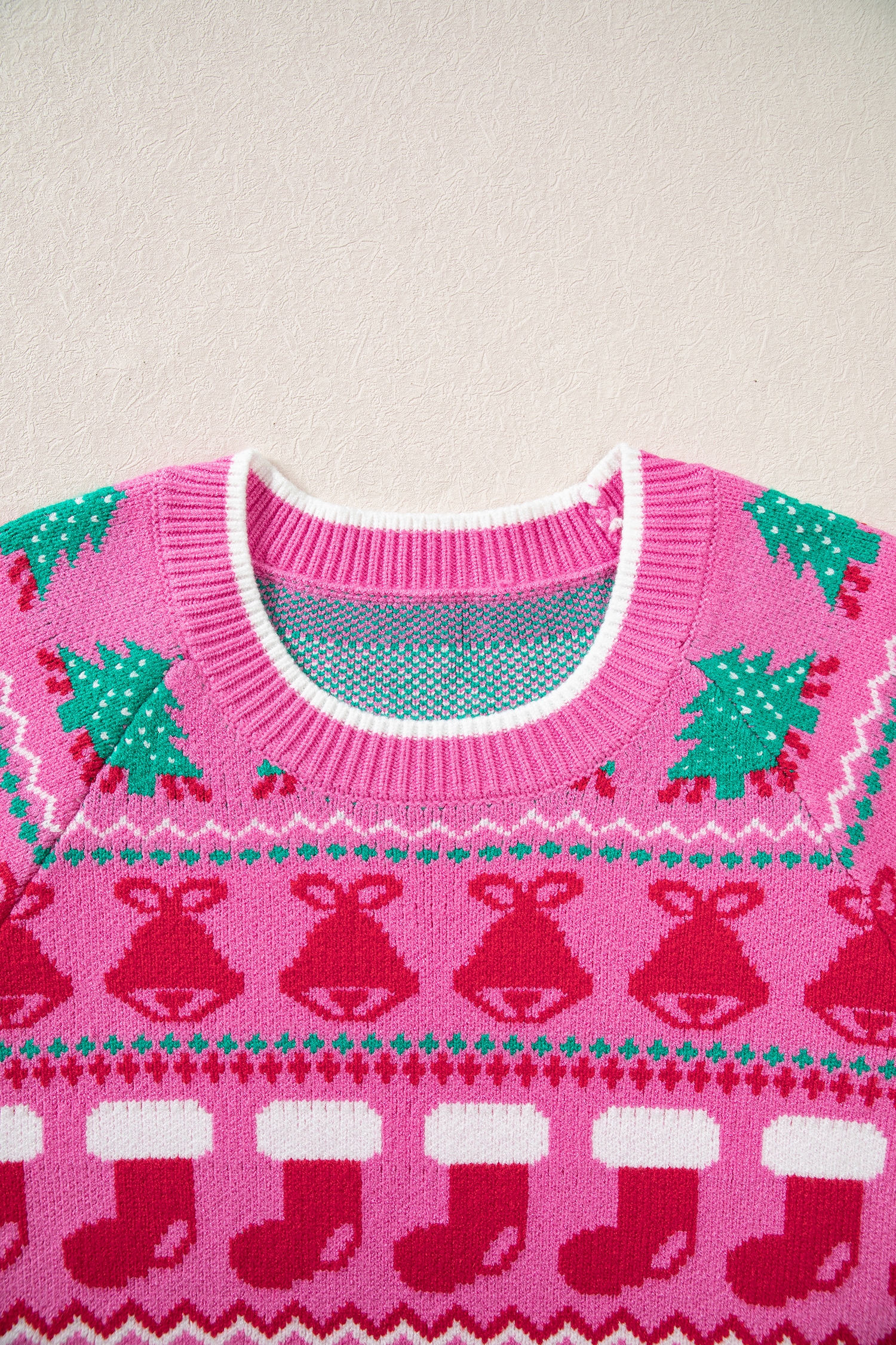 Pink Knit Christmas Sweater, Casual Long Sleeve Women Top - Detail View 7