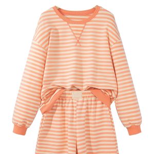 Women's Striped Pullover Shorts Set, Casual Loungewear - Main View