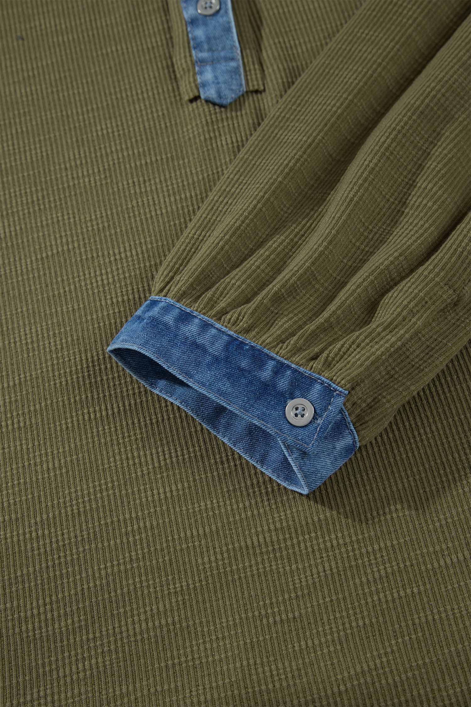 Womens Patchwork Knit Shirt, Denim Accent Blouse - Detail View 8