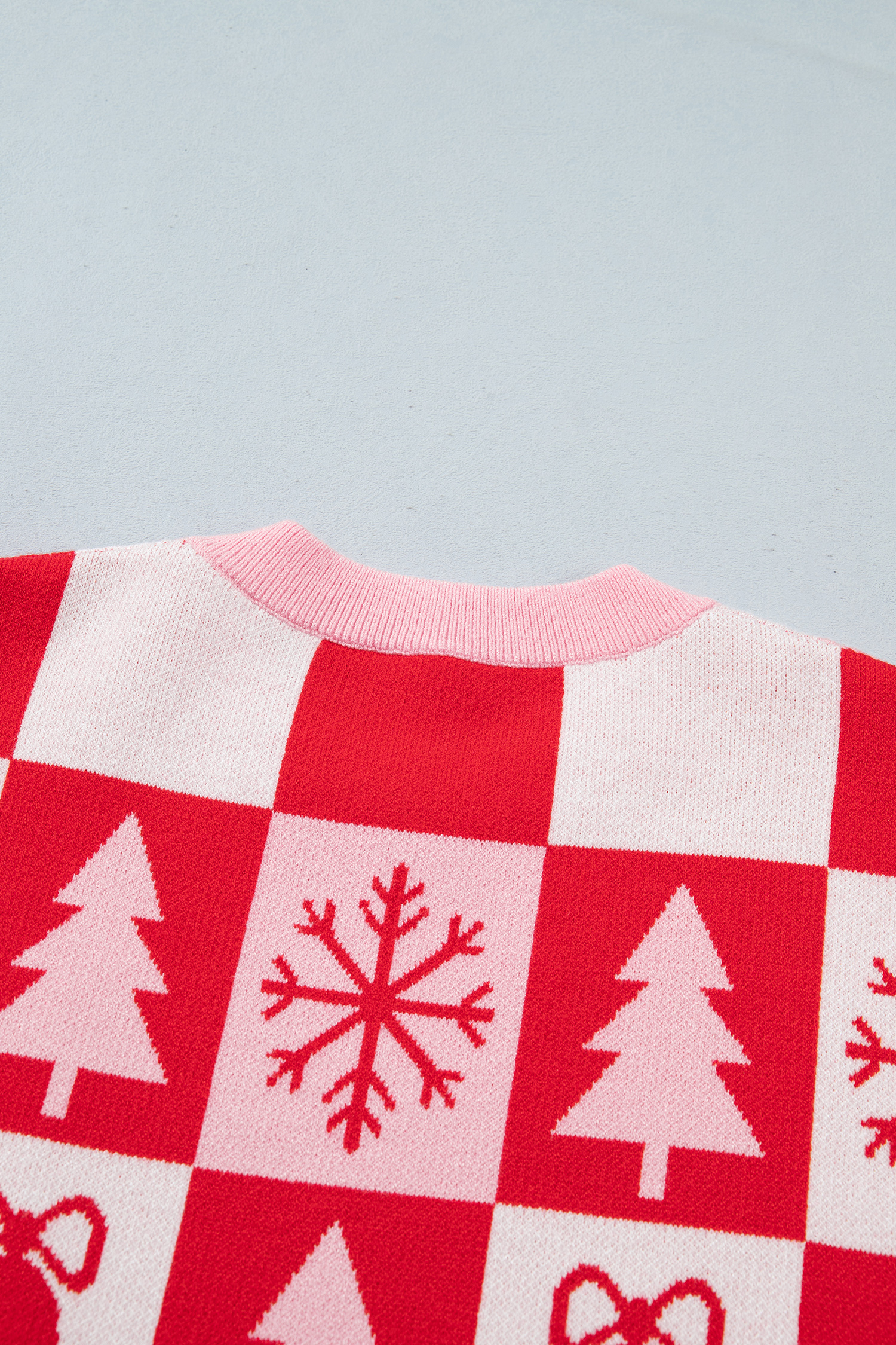 Women's Plaid Knit Sweater, Festive Pink Holiday Pullover - Detail View 14