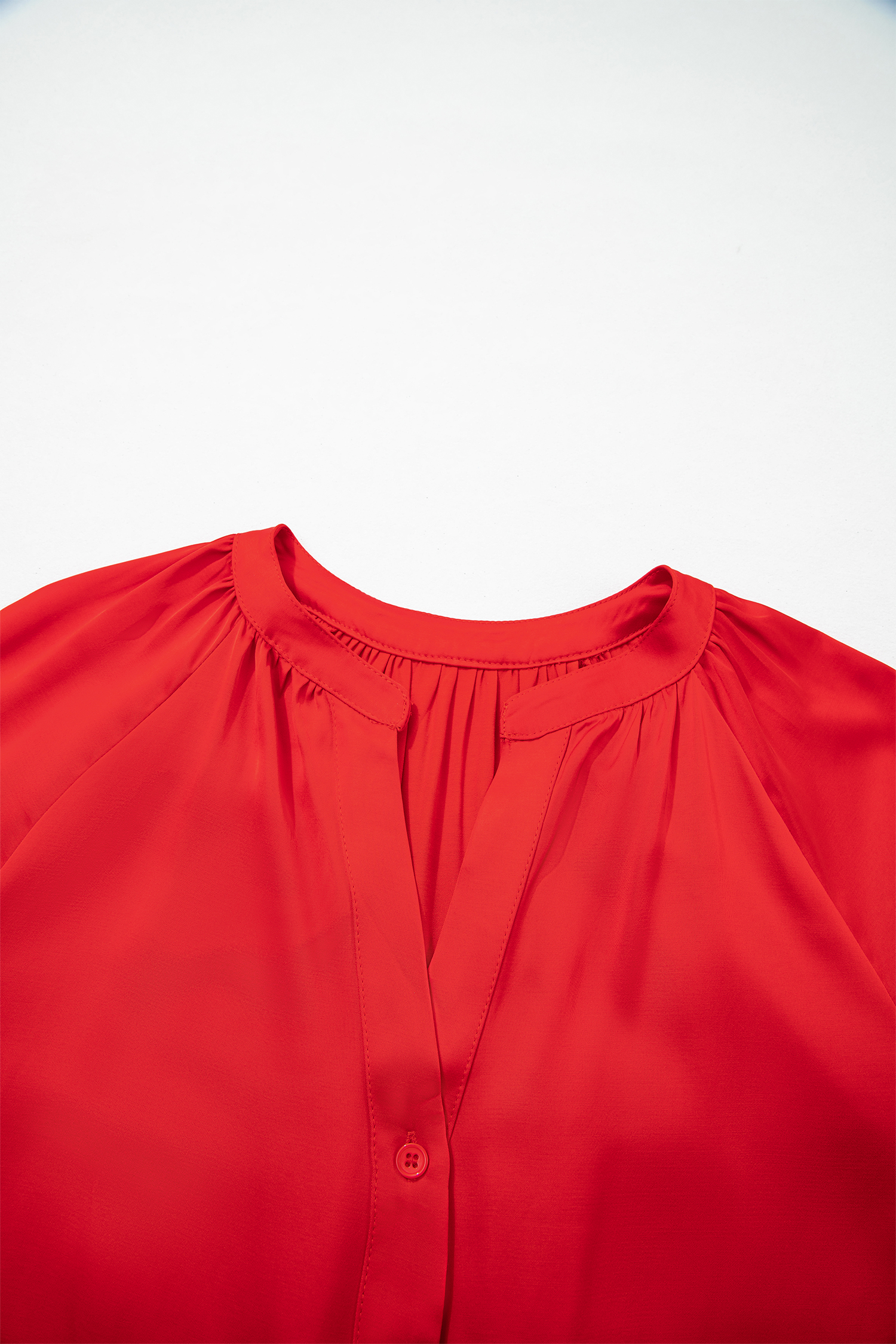 Women's Red Lace Sleeve Shirt, Elegant Satin V Neck Top - Detail View 7