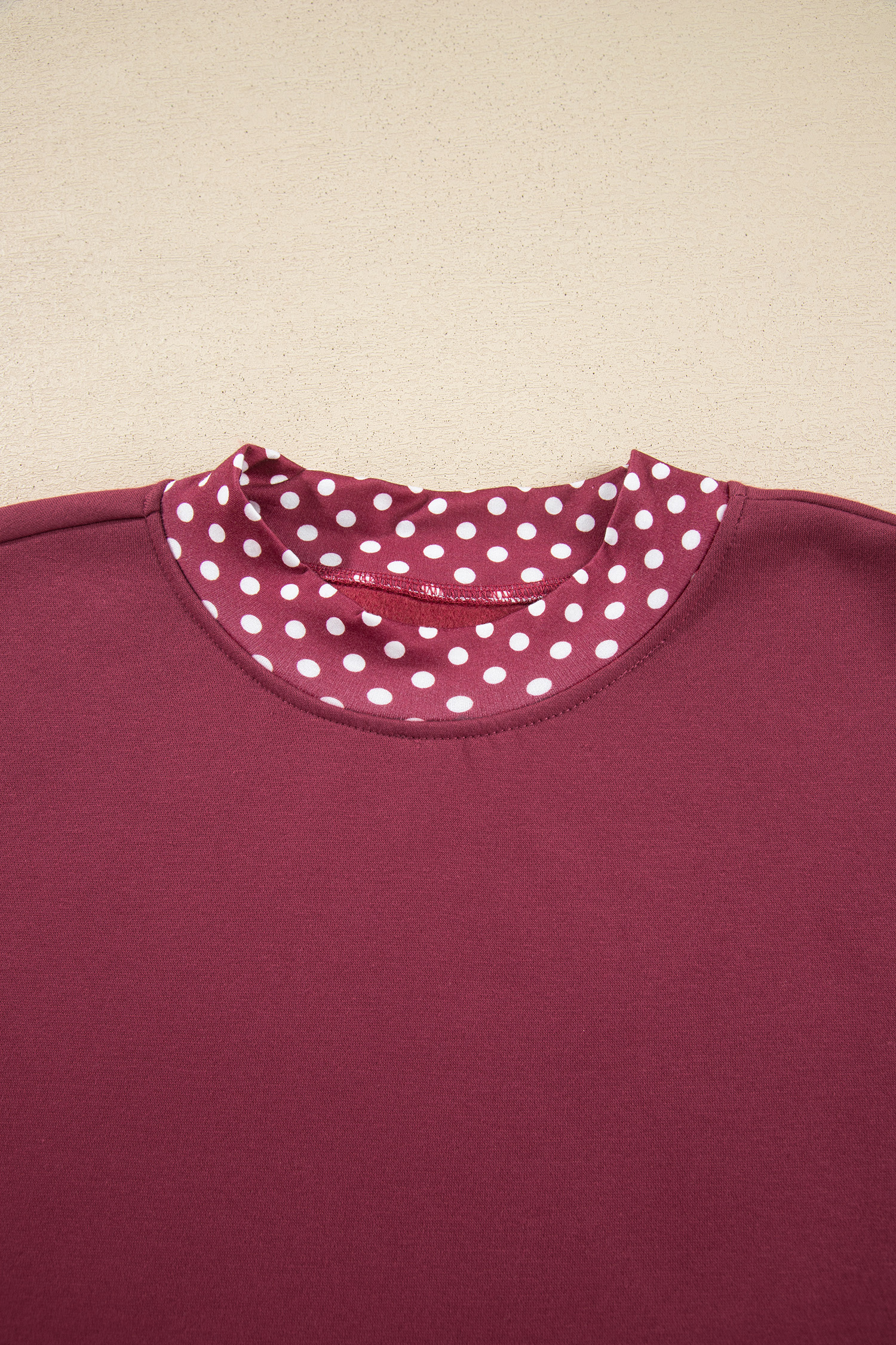 Polka Dot Trim Pullover, Women's Oversized Burgundy Top - Detail View 5