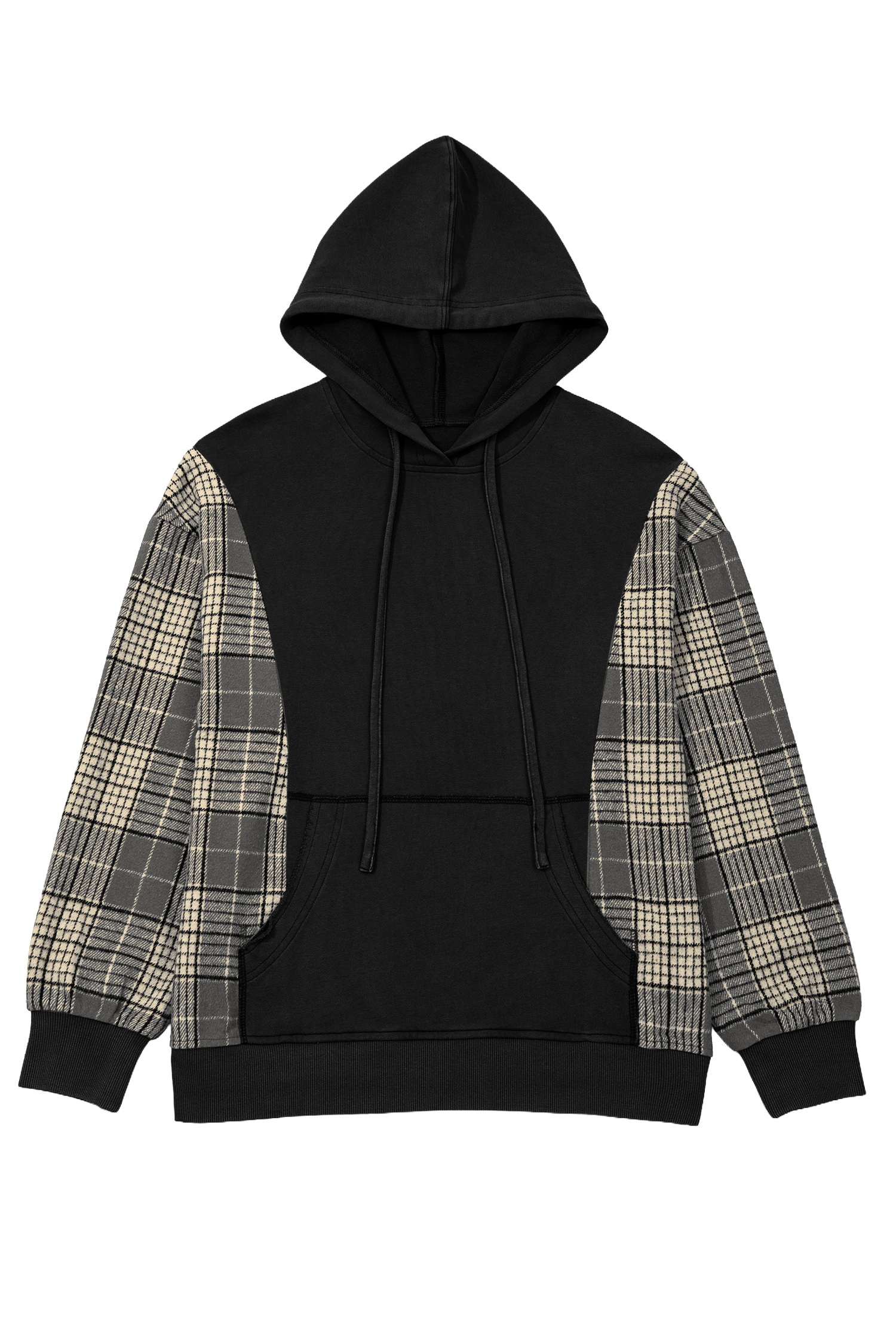 Plaid Sleeve Drawstring Hoodie, Women's Fall Sweatshirt - Detail View 5