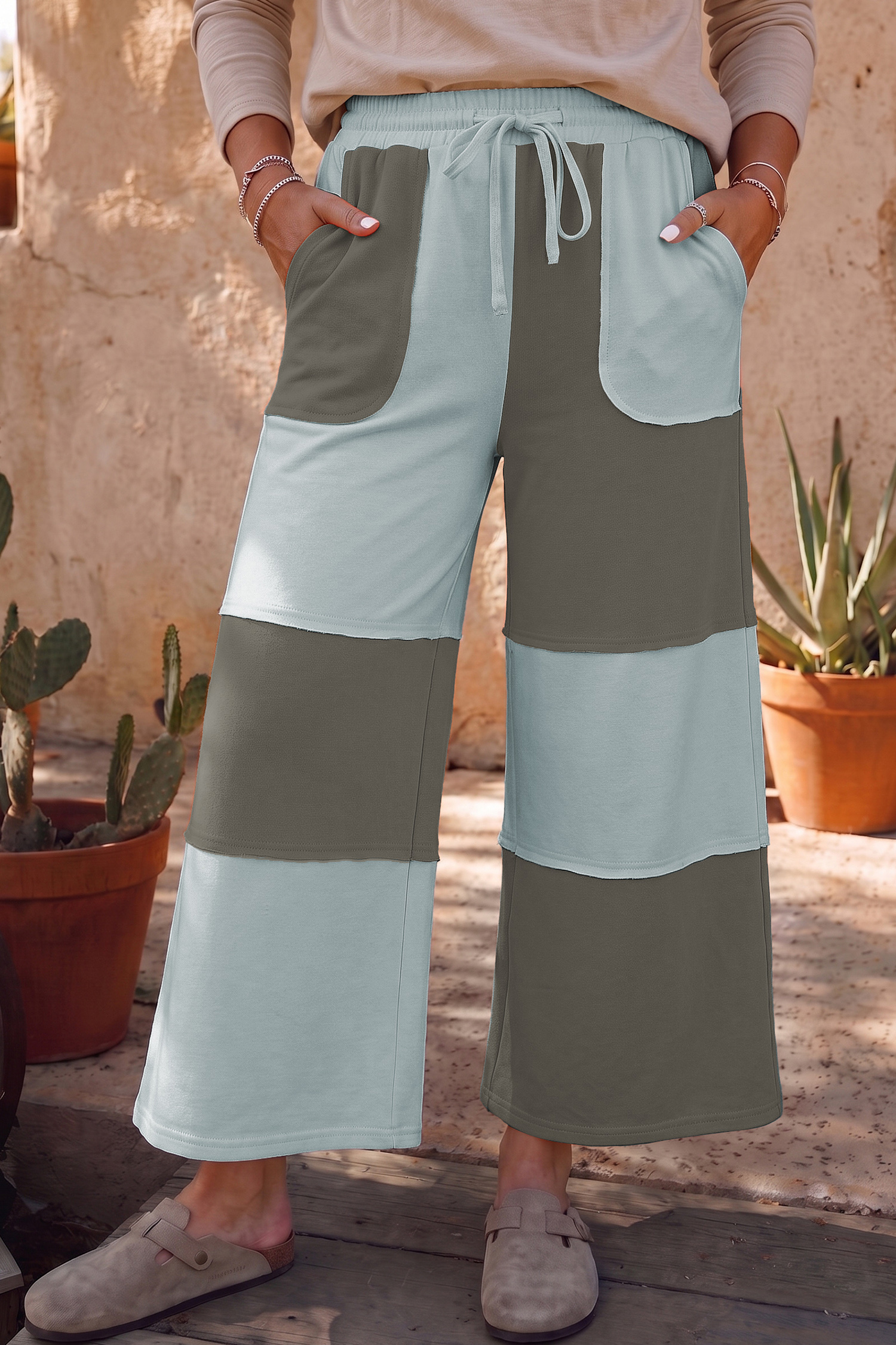 Boho Patchwork Wide Leg Pants, Raw Seam High Waist Women's - Detail View 2