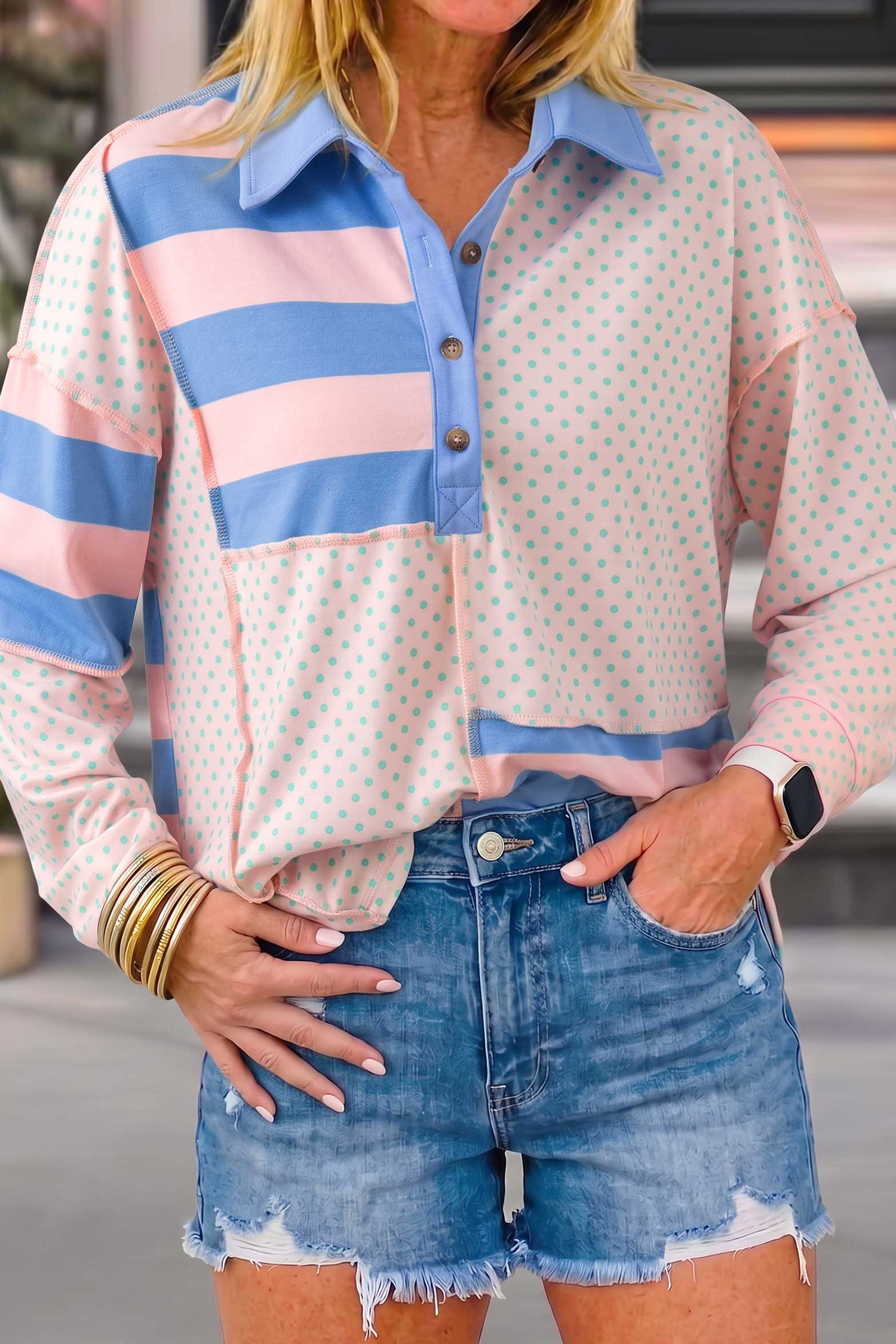 Patchwork Print Women's Polo Shirt, Pink Striped Casual Top - Detail View 2