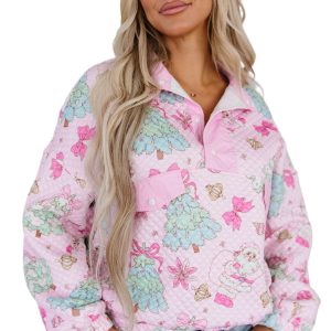 Pink Quilted Women's Sweatshirt, Casual Christmas Pullover - Main View