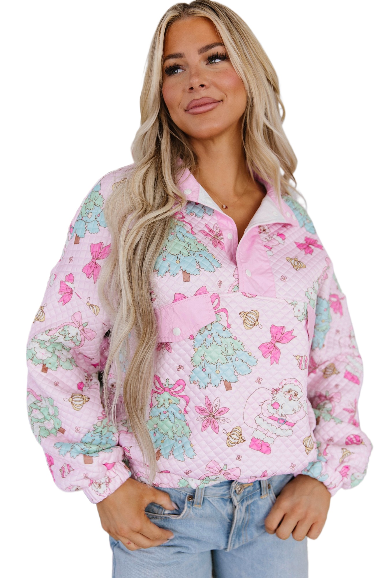 Pink Quilted Women's Sweatshirt, Casual Christmas Pullover - Main View