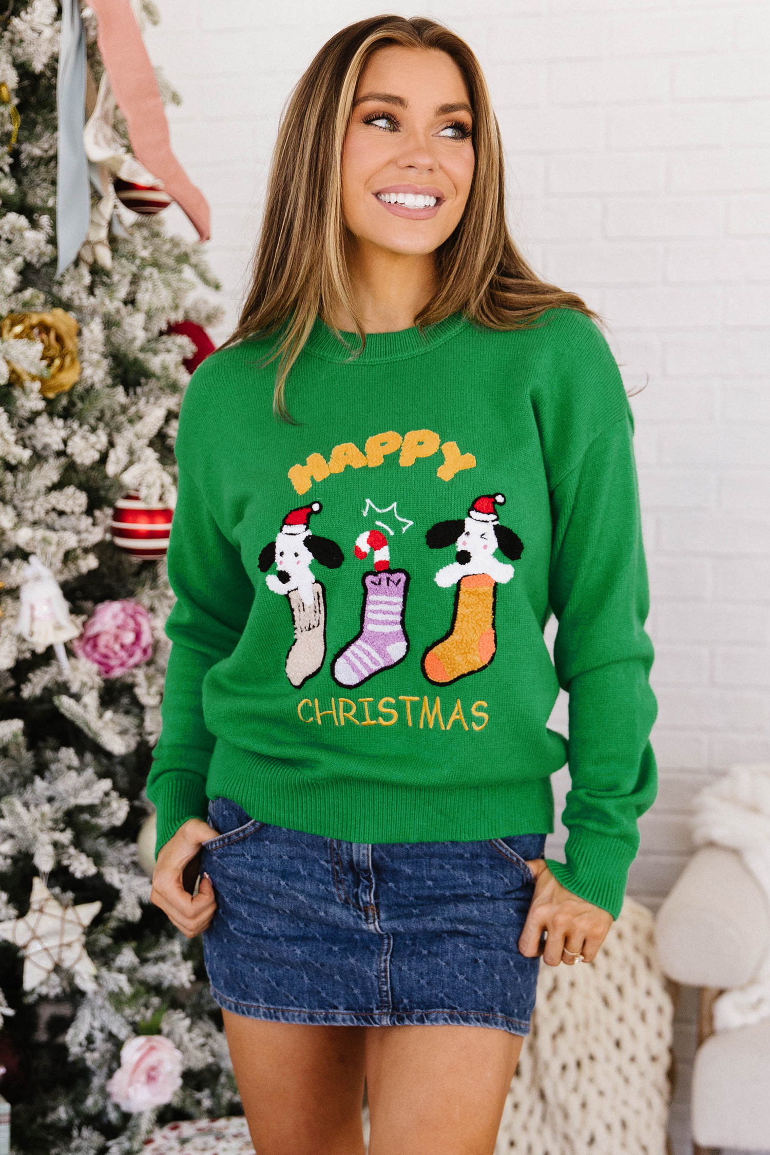 Viscose Blend Christmas Sweater, Women Casual Green Pullover - Detail View 3
