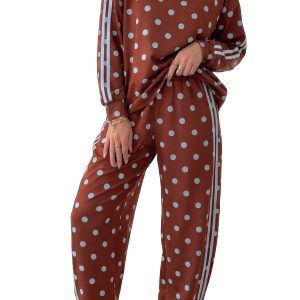 Women's Polka Dot Lounge Set, Casual Brown Two Piece - Main View