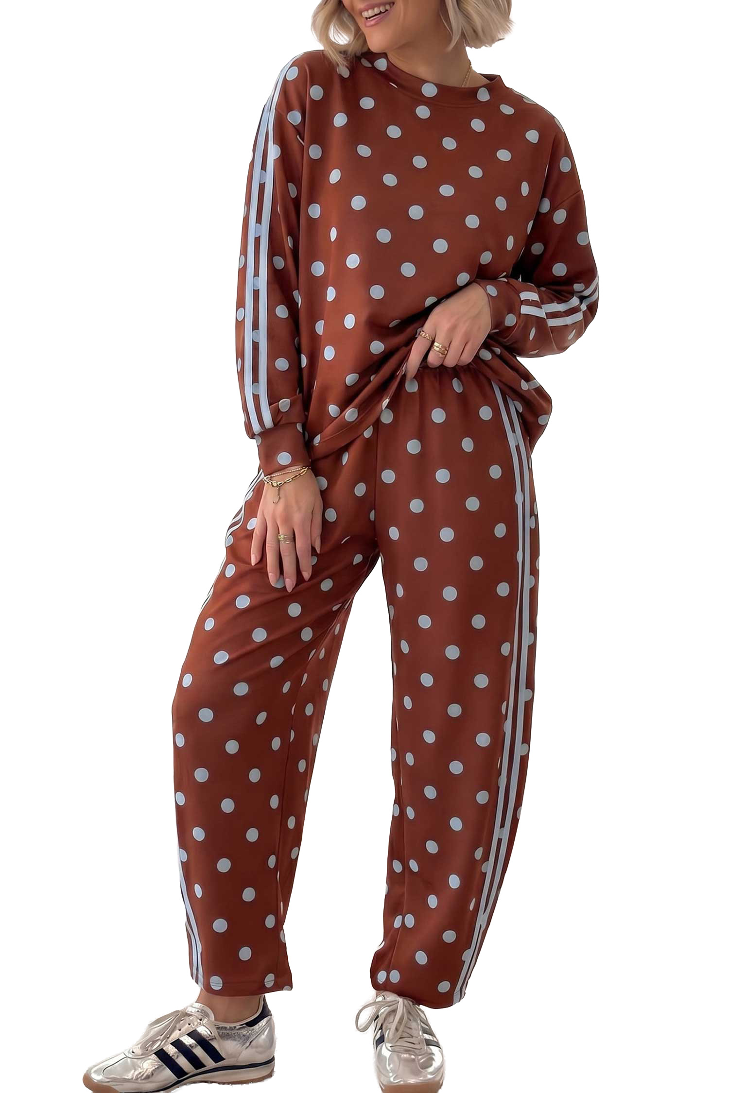 Women's Polka Dot Lounge Set, Casual Brown Two Piece - Main View