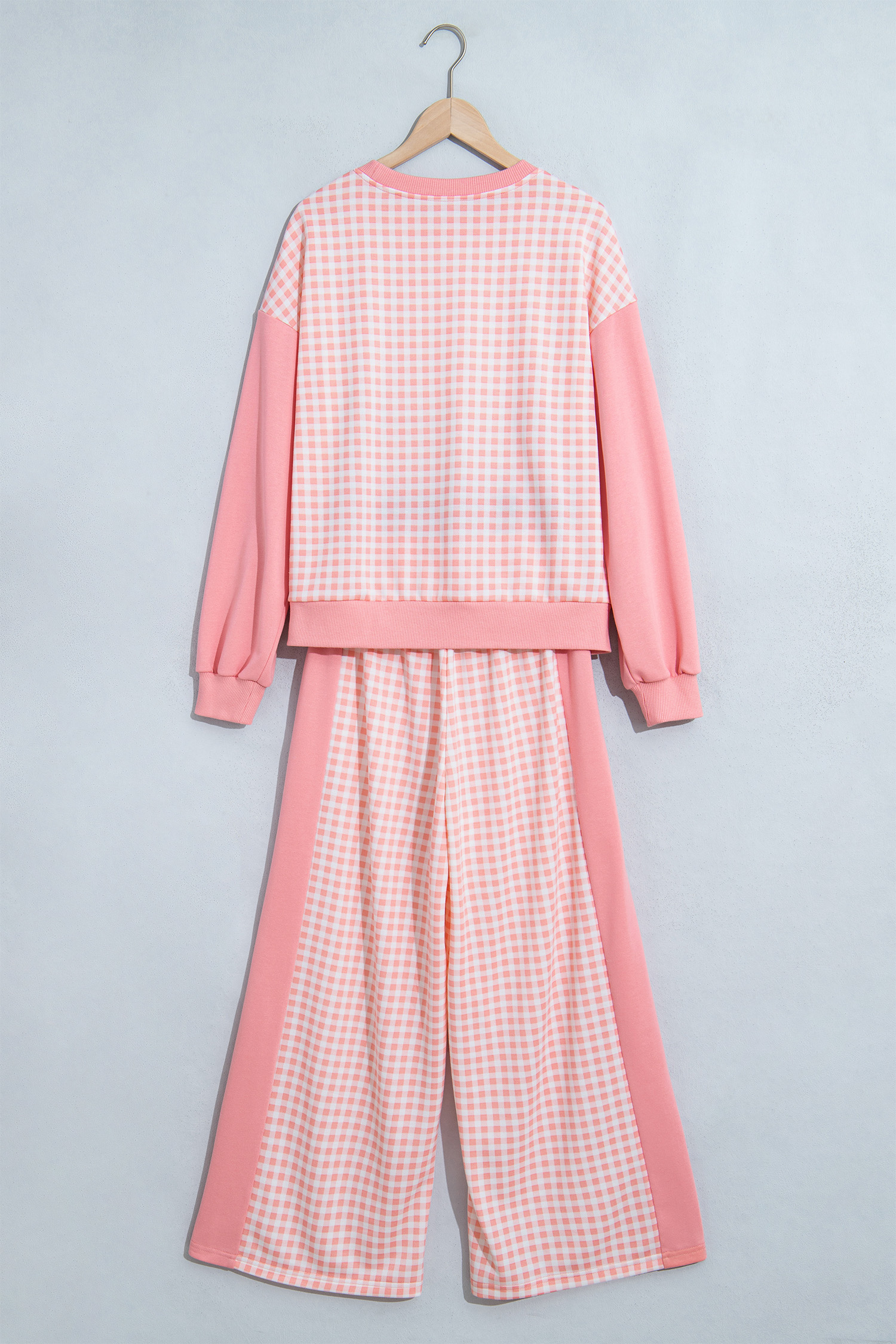 Women's Pink Colorblock Plaid Set, Trendy Wide Leg Style - Detail View 5