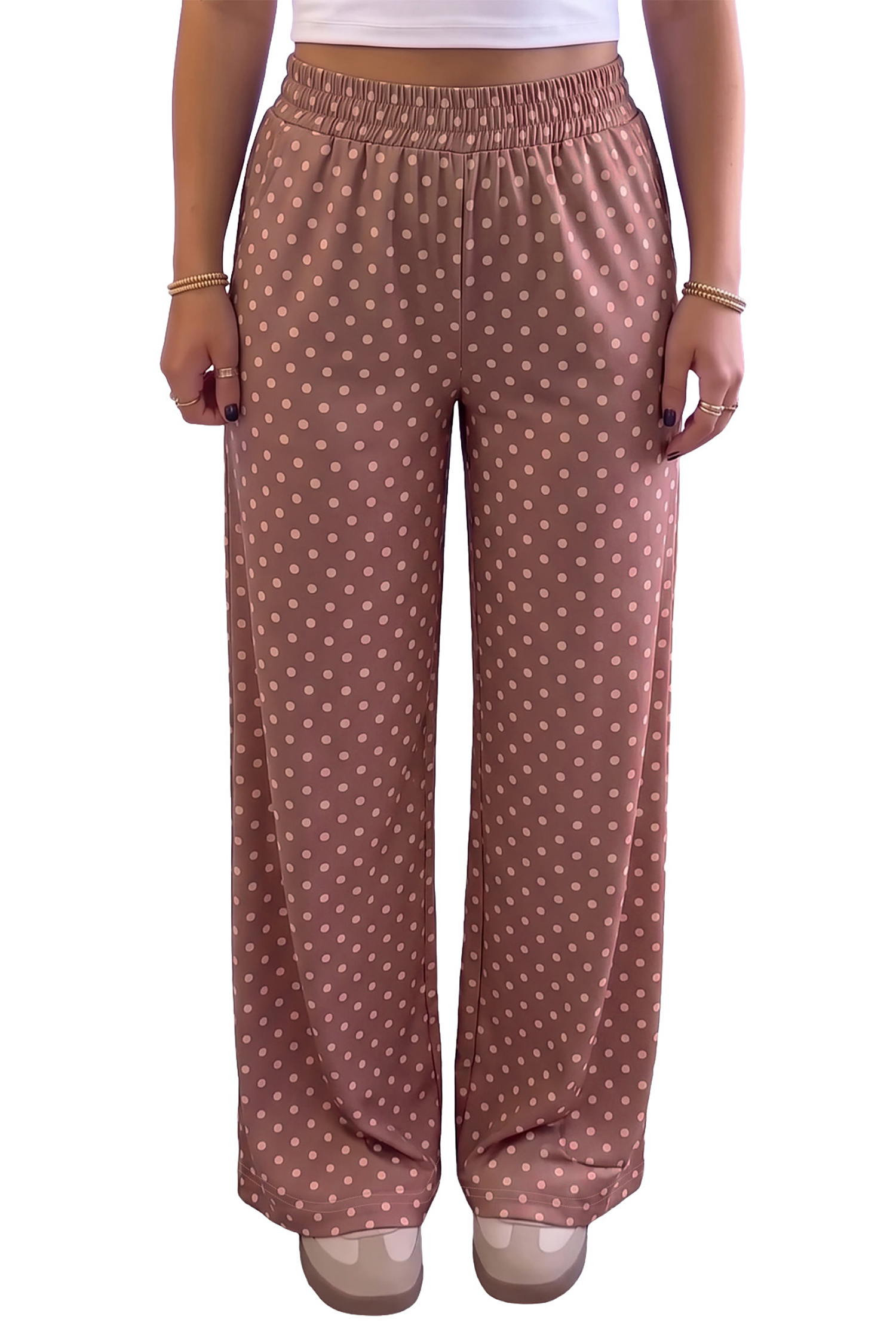Polka Dot Printed Women's Wide Leg Pants, Brown Autumn Style - Detail View 5