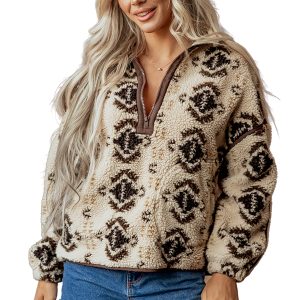 Women's Western Sherpa Pullover, Casual Khaki Aztec Fleece - Main View