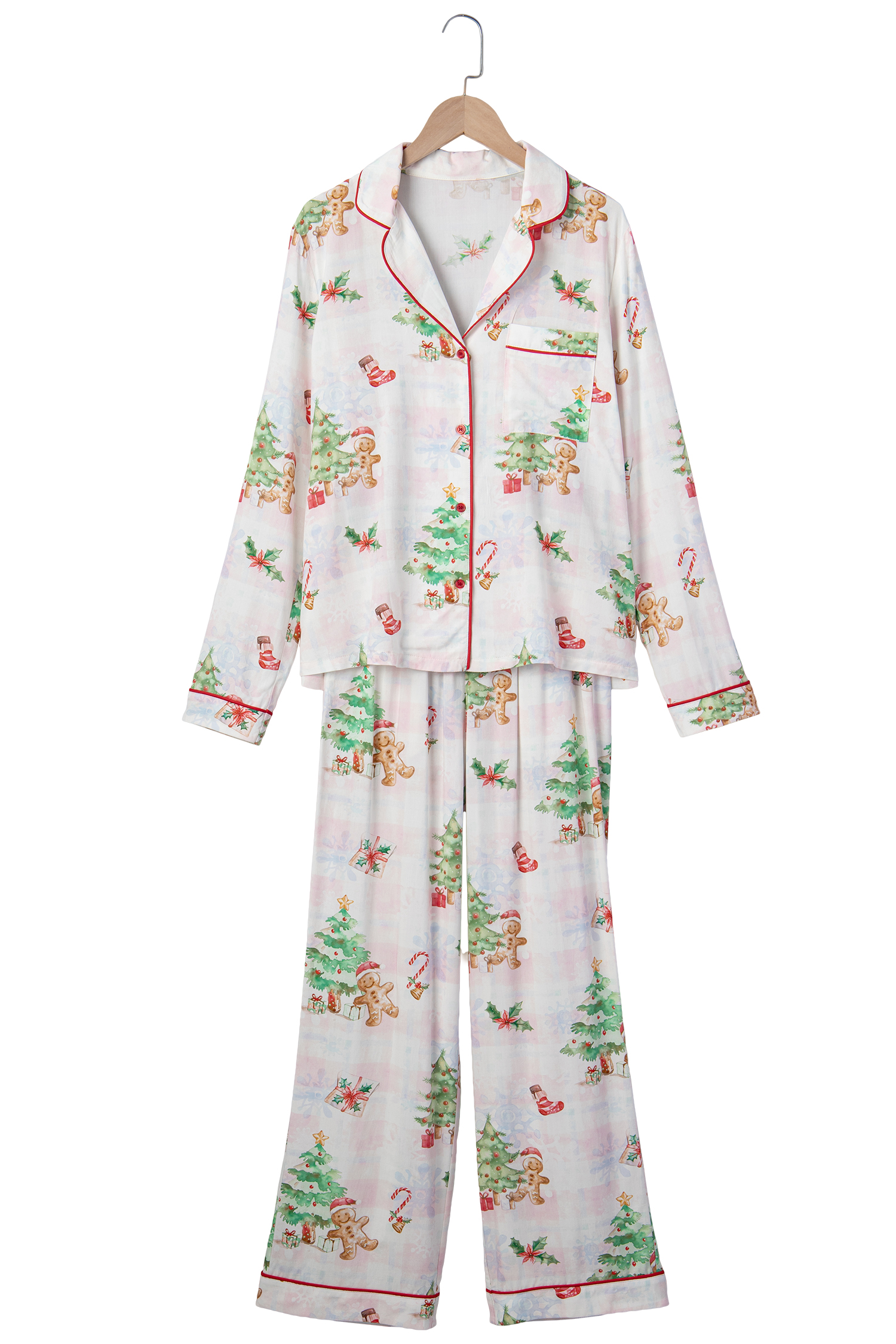 Women's Gingerbread Pajamas, Pink Plaid Christmas Lounge Set - Detail View 5