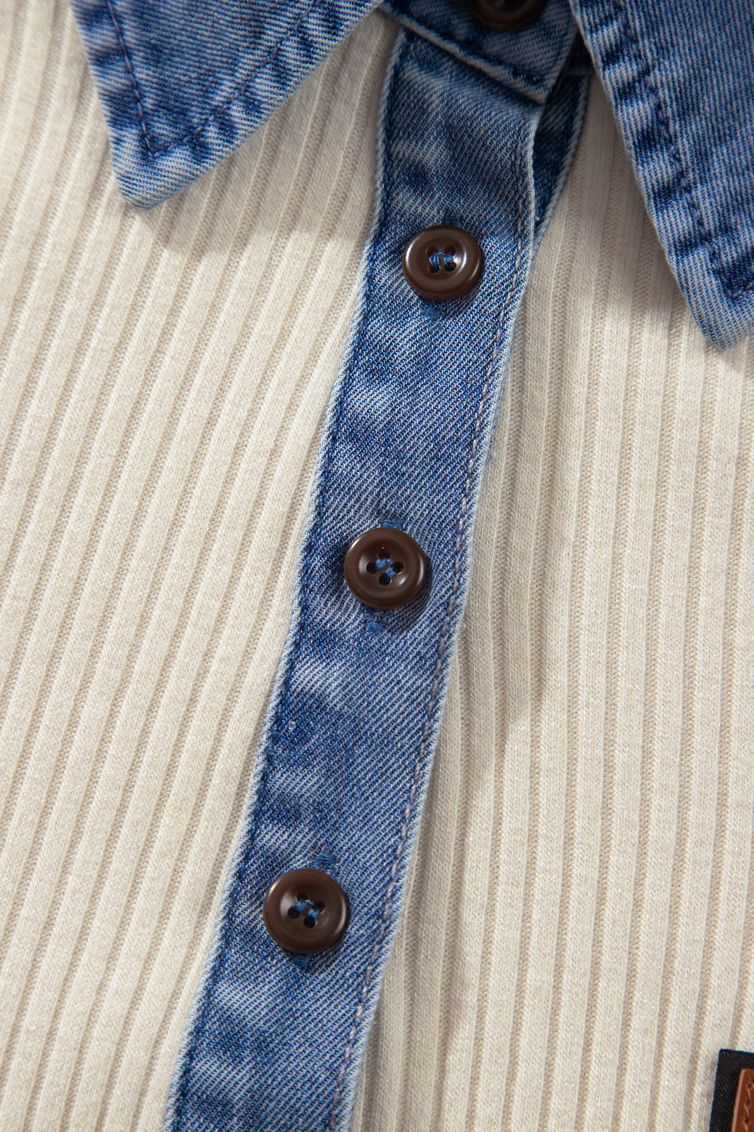 Colorblock Ribbed Henley, Denim Collar Long Sleeve Women - Detail View 11