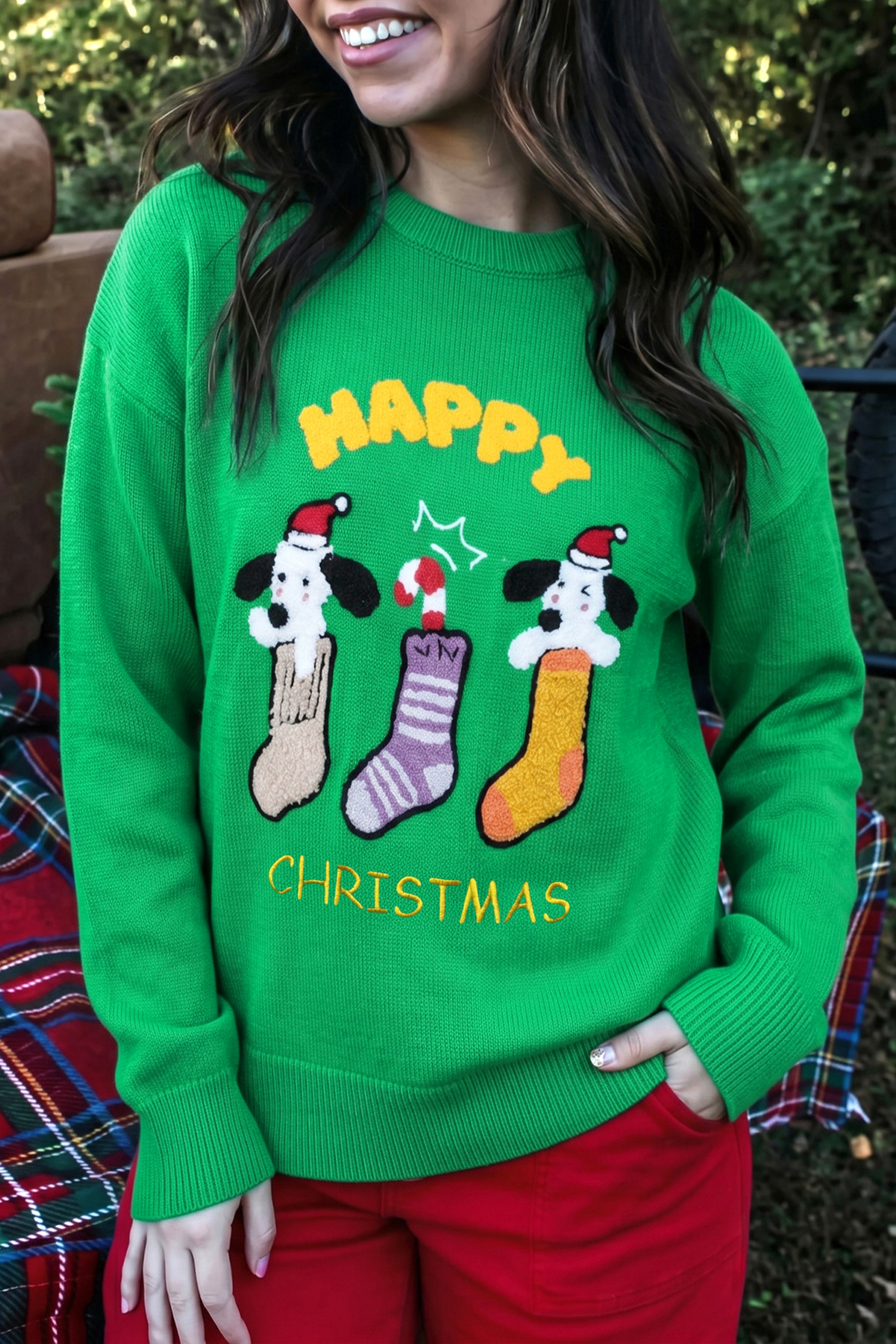 Viscose Blend Christmas Sweater, Women Casual Green Pullover - Detail View 6