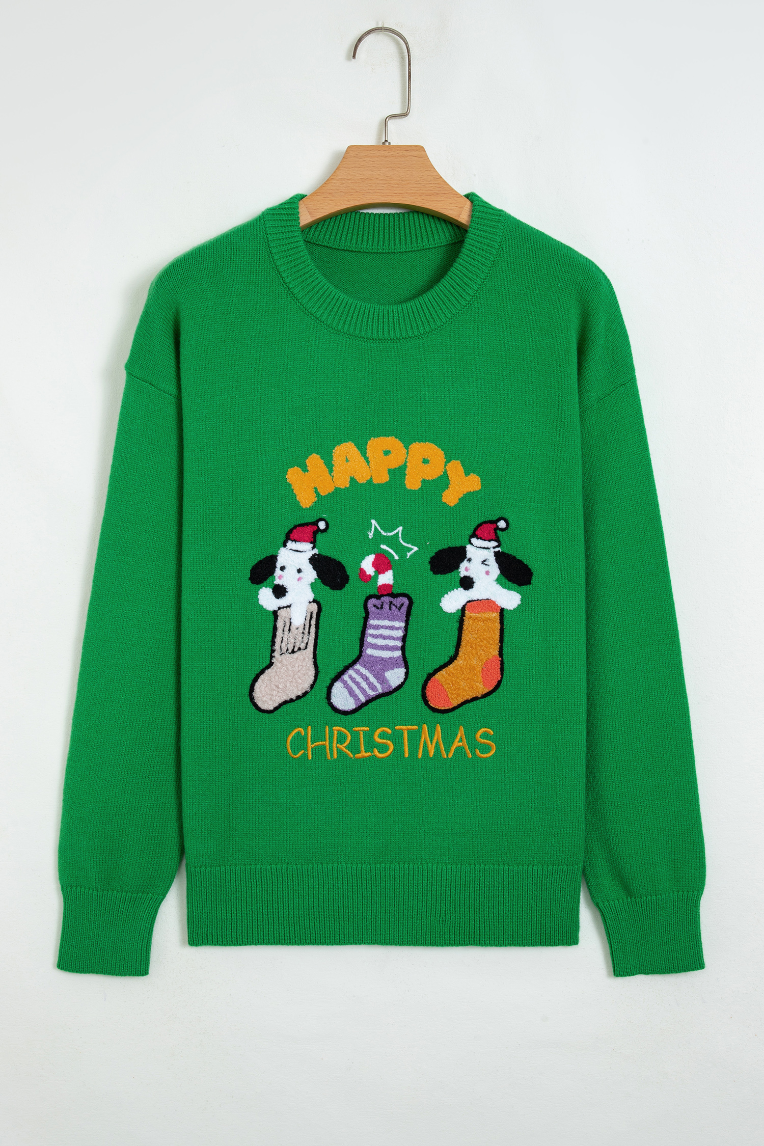 Green Christmas Pullover Sweater, Casual Women Round Neck - Detail View 7