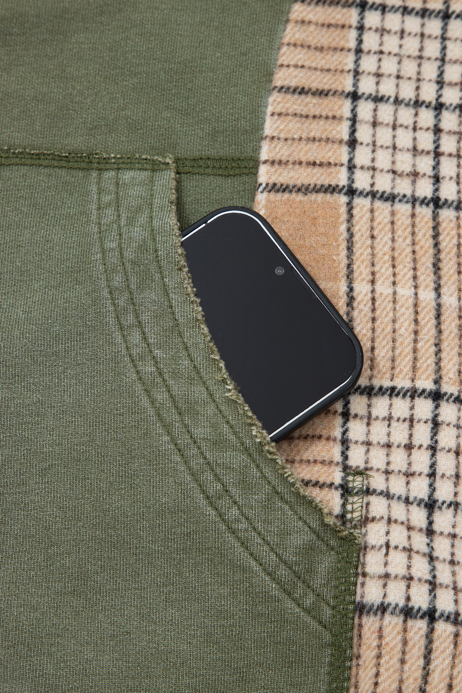 Women's Plaid Contrast Hoodie, Fall Moss Green Sweatshirt - Detail View 11