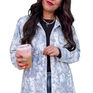 Women's Casual Tunic Jacket, Gray Abstract Print Long Sleeve - Main View