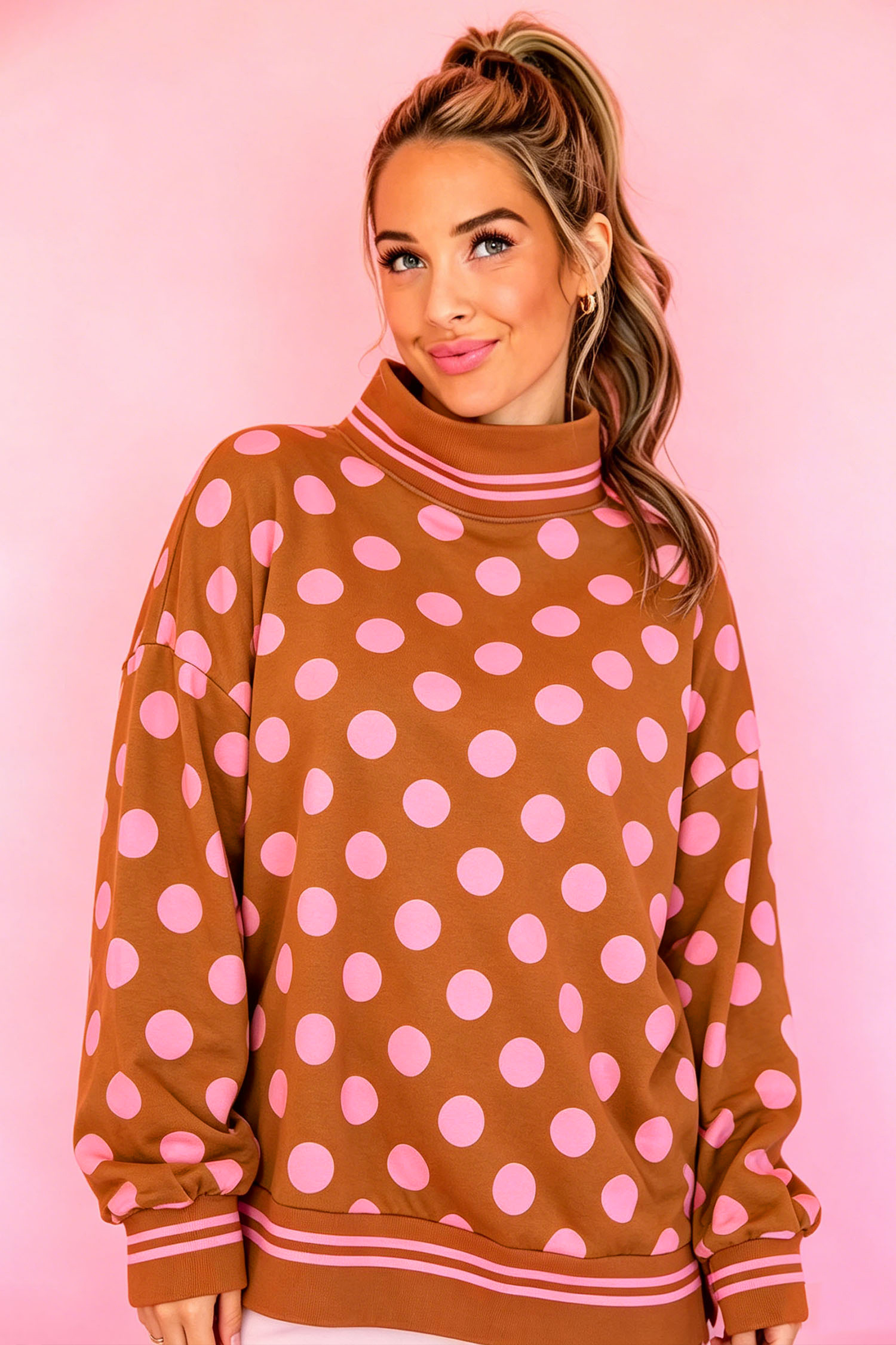 Polka Dot Long Sleeve Pullover, Striped Trim Women's Top - Detail View 2
