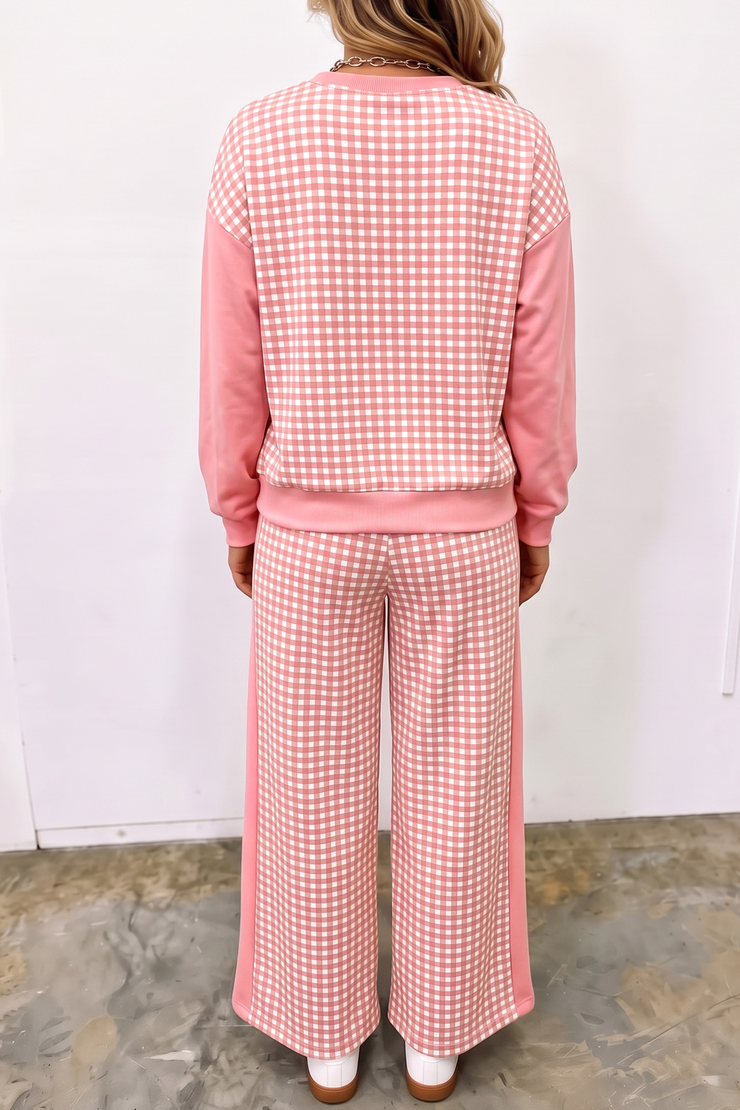 Women's Pink Colorblock Plaid Set, Trendy Wide Leg Style - Detail View 2