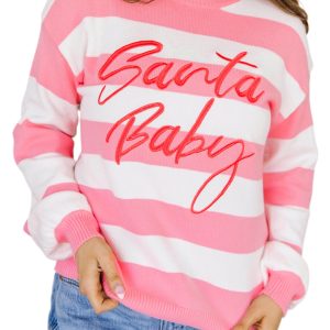 Women's Pink Striped Sweater, Casual Christmas Pullover - Main View