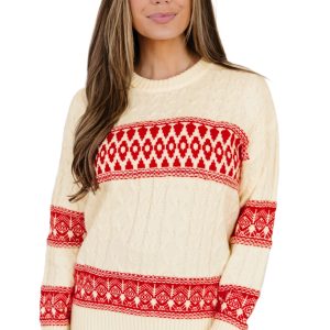 Western Print Women's Sweater, Cozy Round Neck Fall Top - Main View