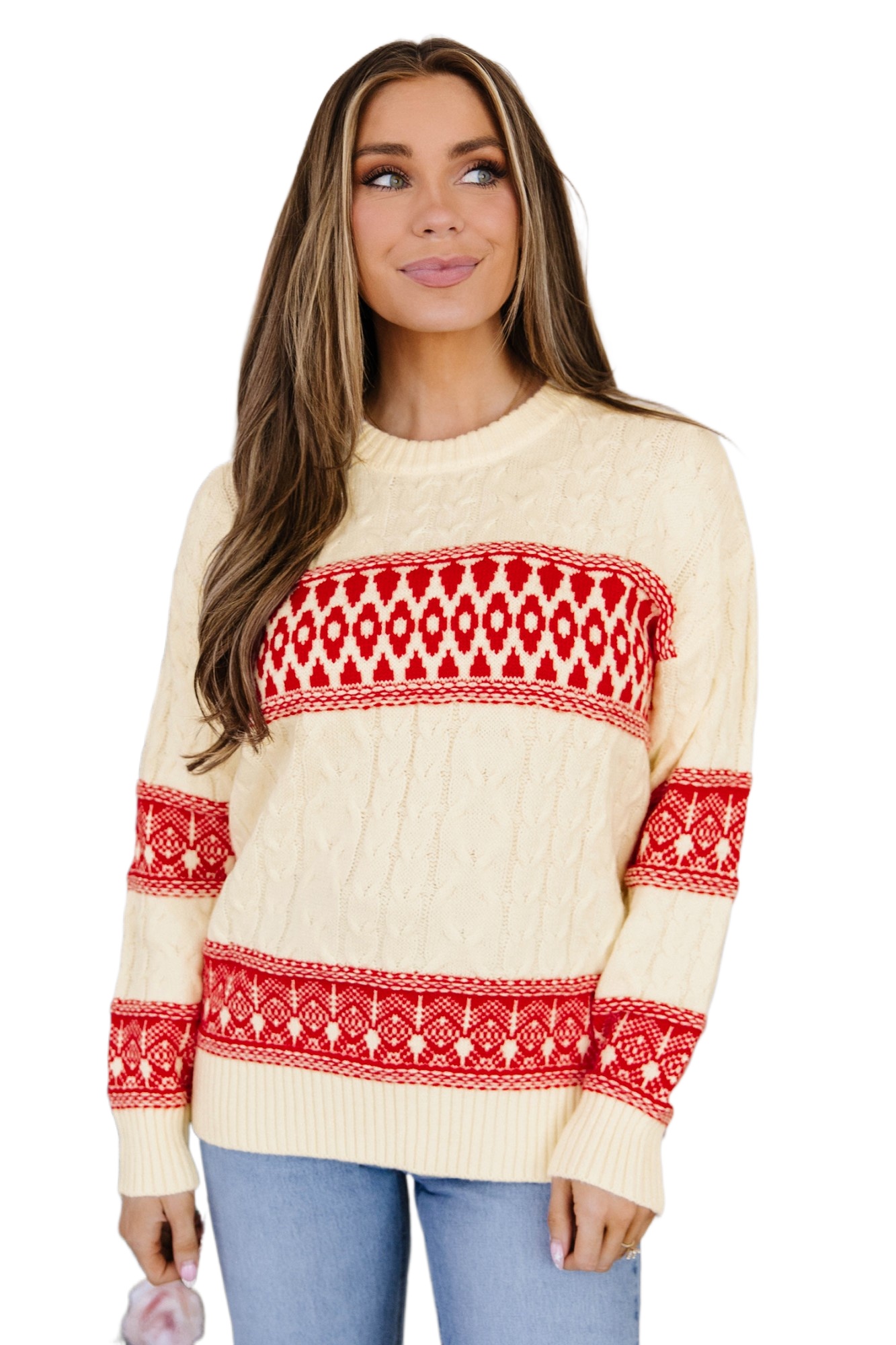 Western Print Women's Sweater, Cozy Round Neck Fall Top - Main View
