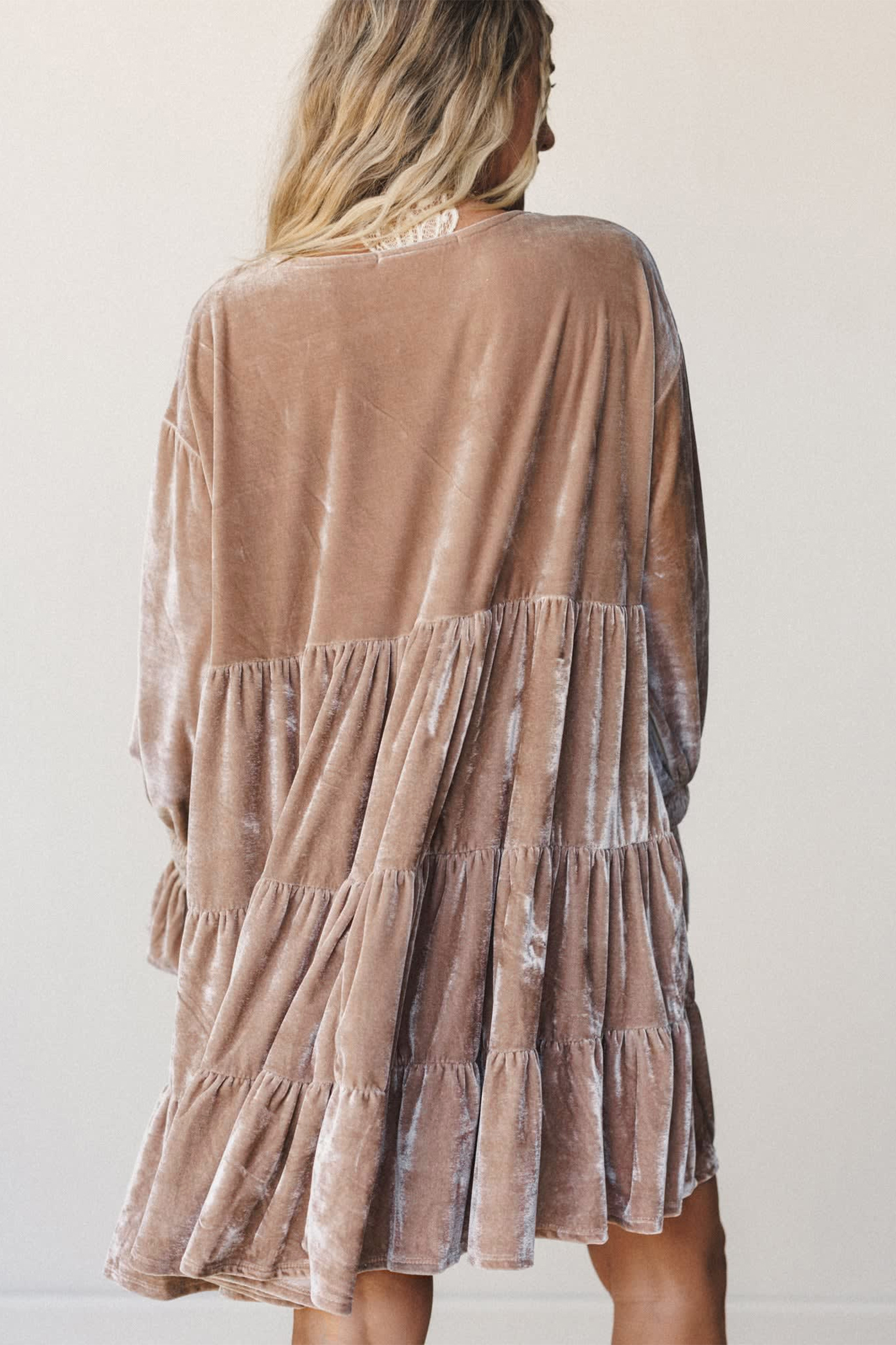 Smoke Gray Velvet Dress, Women's Tiered Autumn Style - Detail View 2