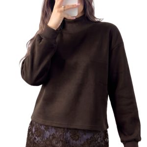 Women's Lace Hem Sweatshirt, Cozy Brown Mock Neck Top - Main View