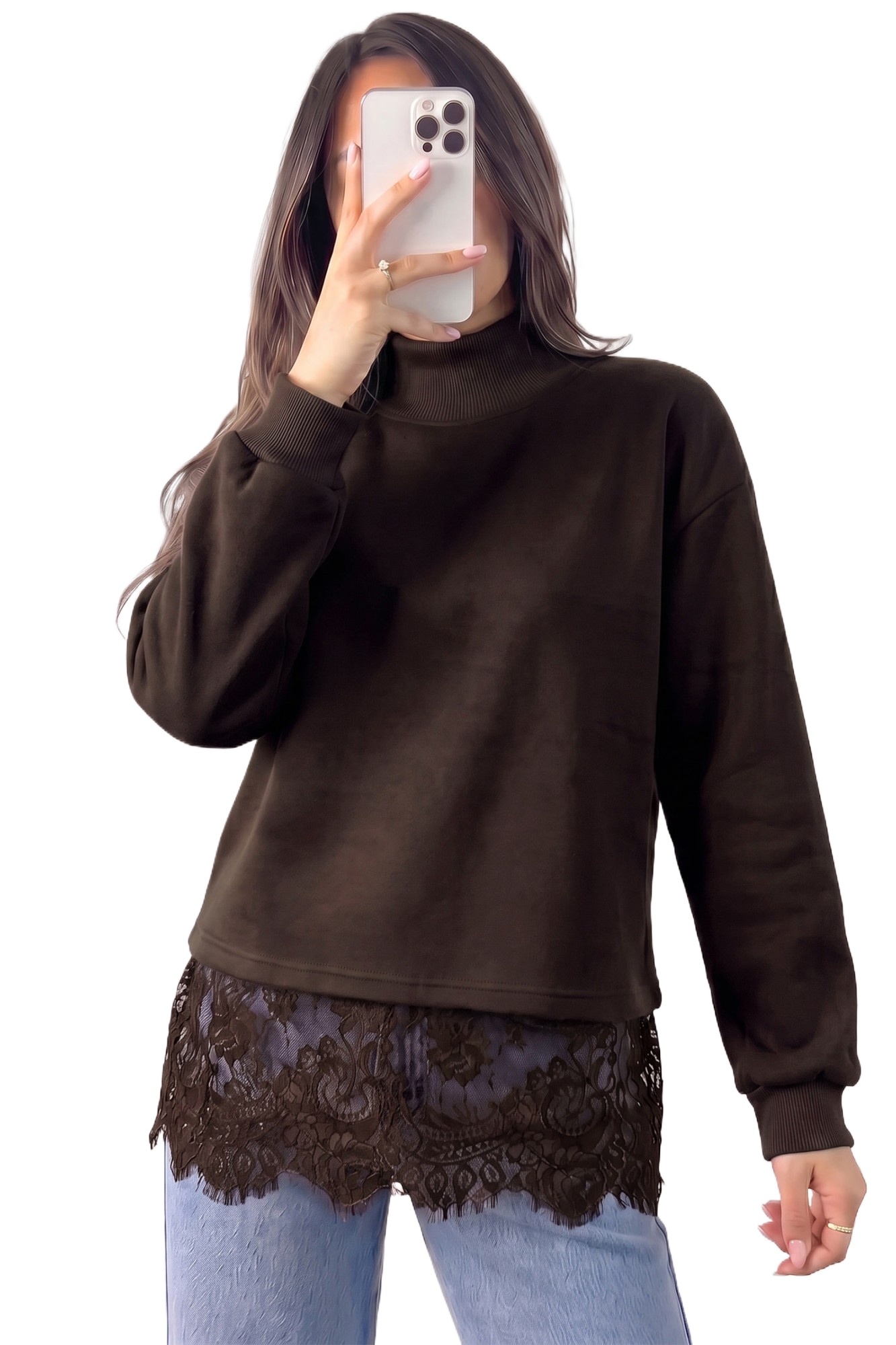 Women's Lace Hem Sweatshirt, Cozy Brown Mock Neck Top - Main View