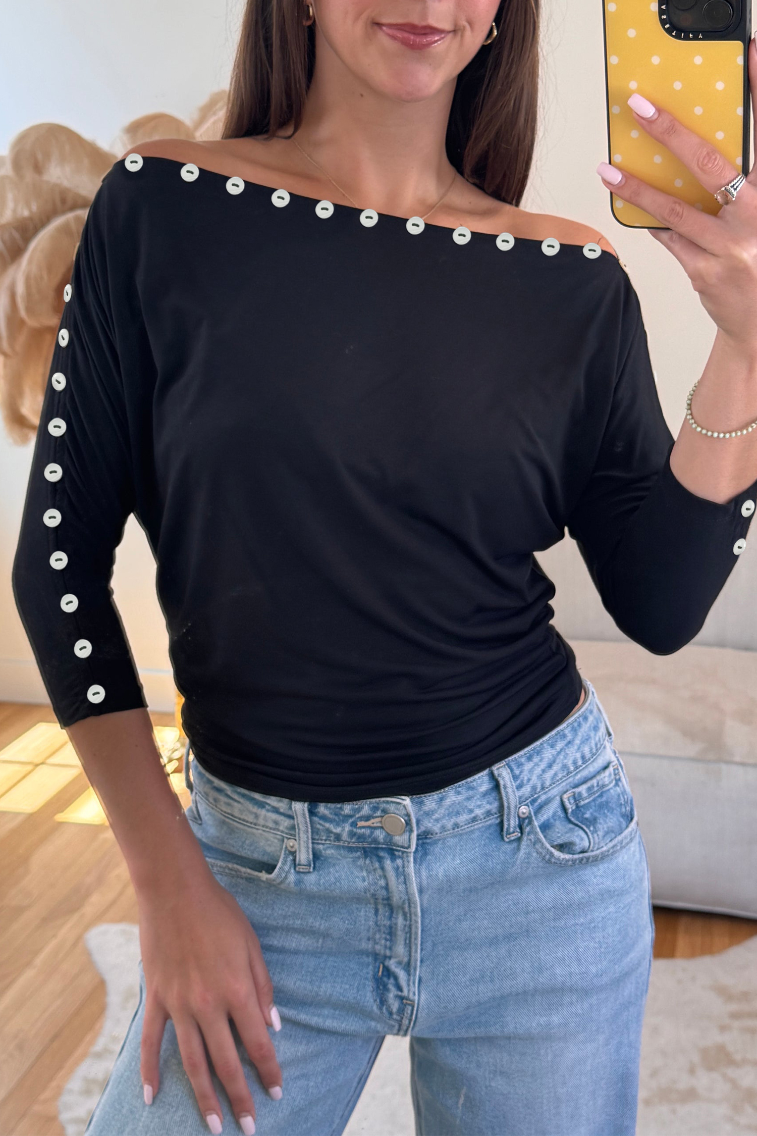 Solid Boat Neck Blouse, Modern Button Trim Office Wear - Detail View 2