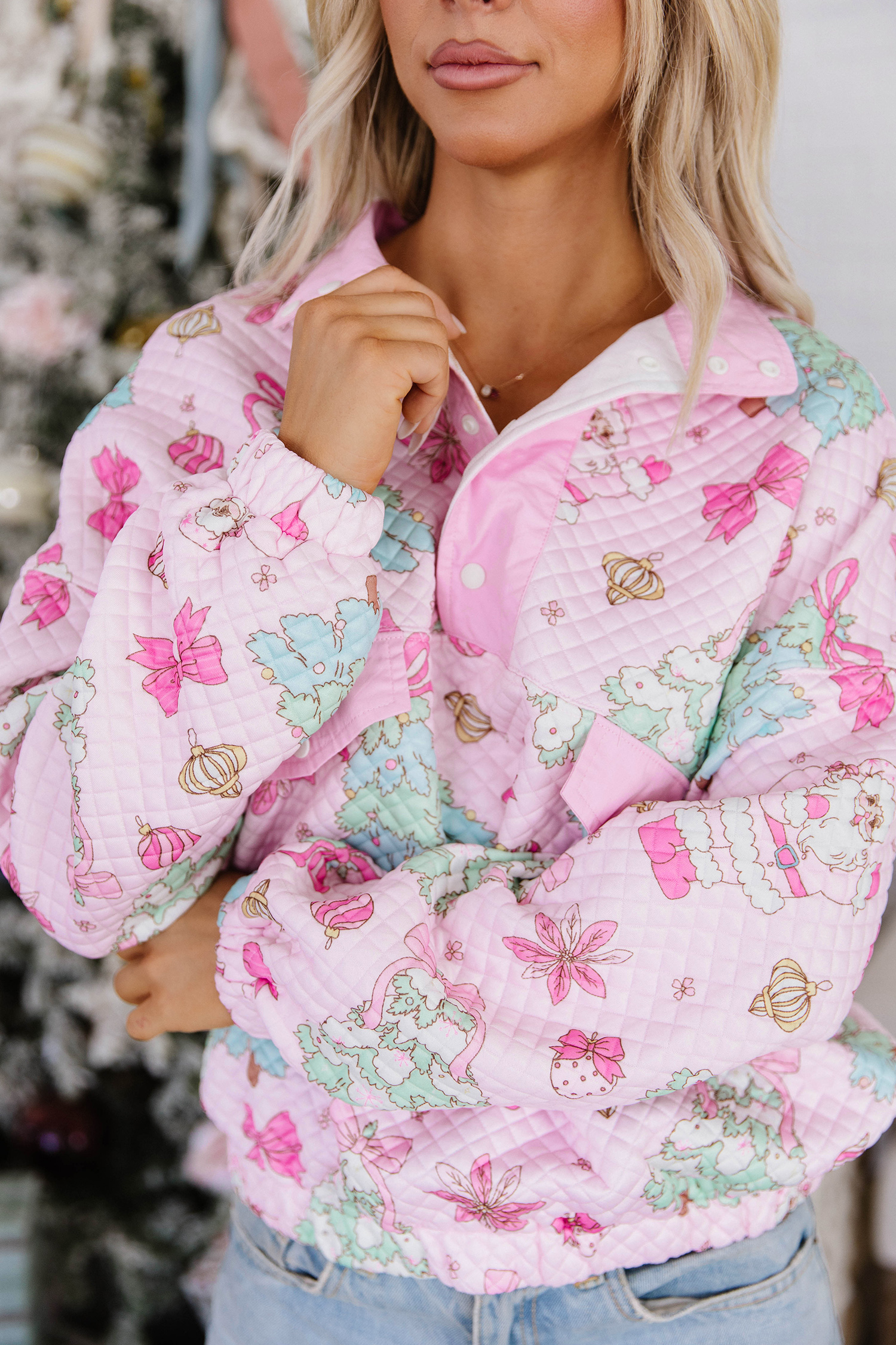 Festive Print Women's Pullover, Cute Quilted Button Top - Detail View 11