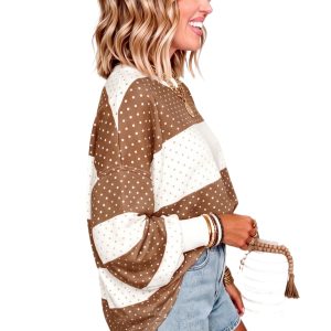 Women's Brown Polka Dot Top, Casual Round Neck Long Sleeve - Main View