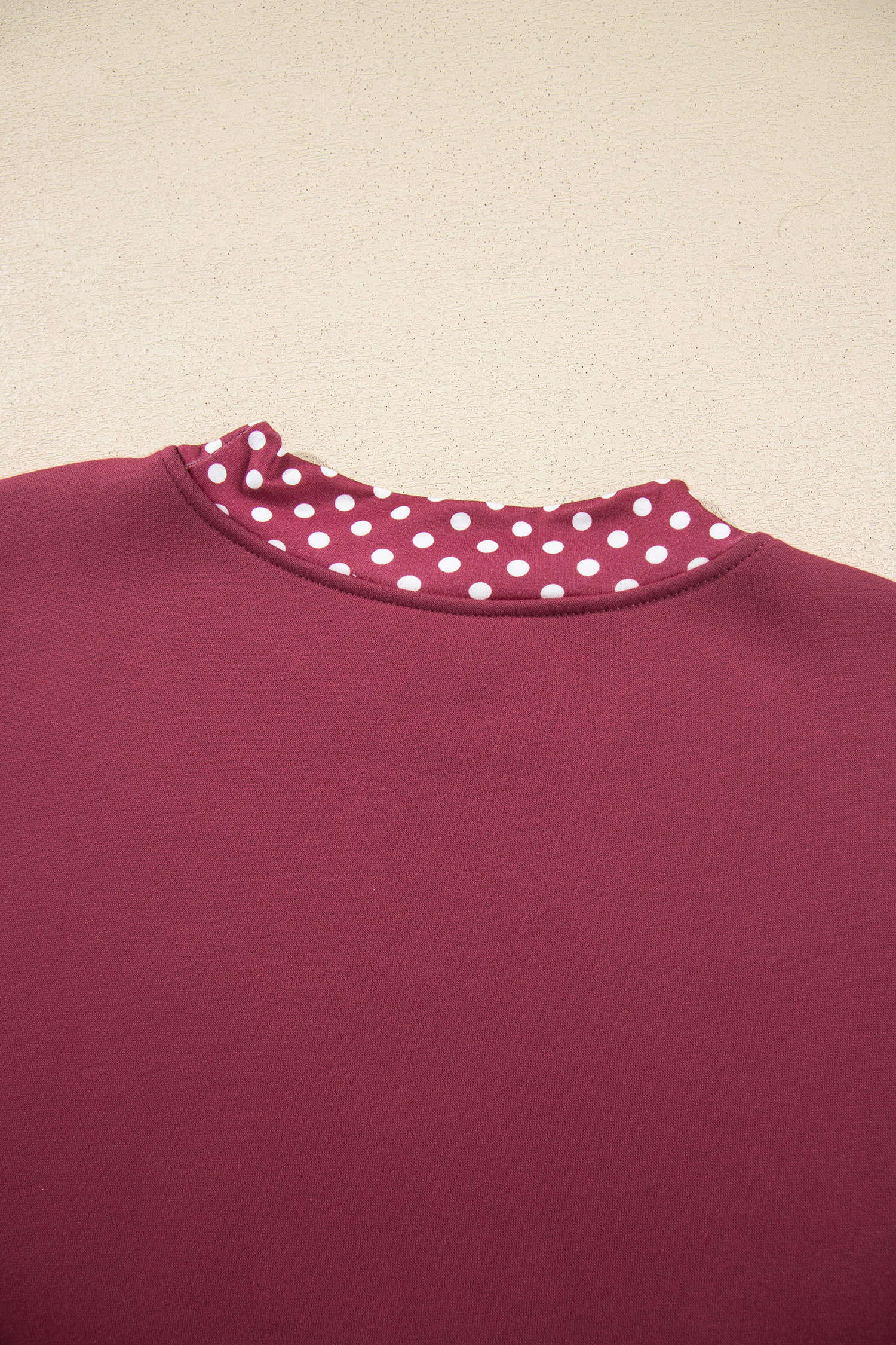 Women's Burgundy Sweatshirt, Casual Polka Dot Mock Neck - Detail View 7