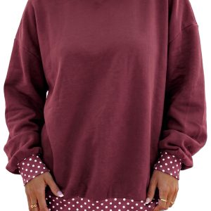 Women's Burgundy Sweatshirt, Casual Polka Dot Mock Neck - Main View